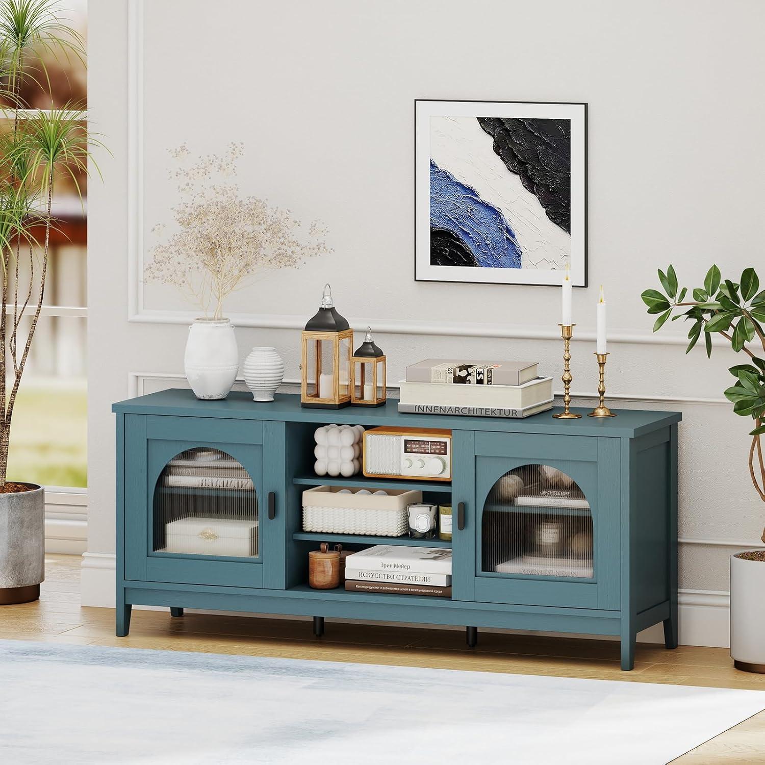image:imageGiantex Farmhouse TV Stand for TVs up to 65 Entertainment Center with 4 Adjustable Storage Shelves amp Tempered Glass Doors Modern TV Console Table for Bedroom Living RoomTeal Blue