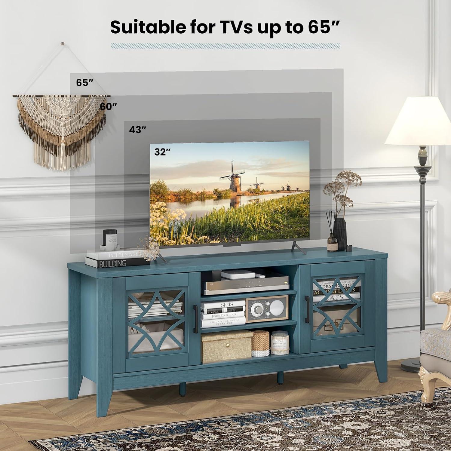 image:imageGiantex Farmhouse TV Stand for TVs up to 65 Entertainment Center with 4 Adjustable Storage Shelves amp Tempered Glass Doors Modern TV Console Table for Bedroom Living RoomTeal Blue