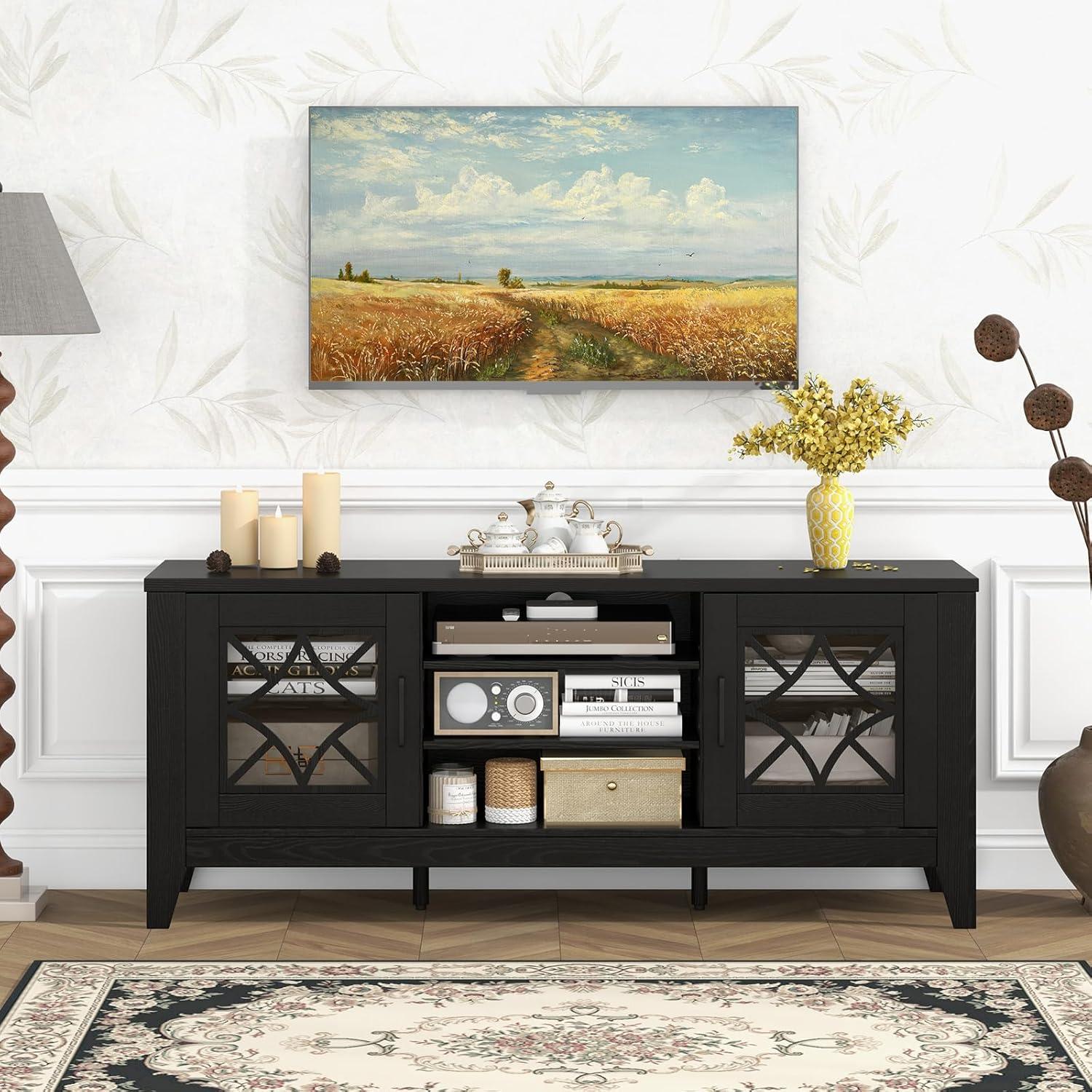 image:imageGiantex Farmhouse TV Stand for TVs up to 65 Entertainment Center with 4 Adjustable Storage Shelves amp Tempered Glass Doors Modern TV Console Table for Bedroom Living RoomBlack