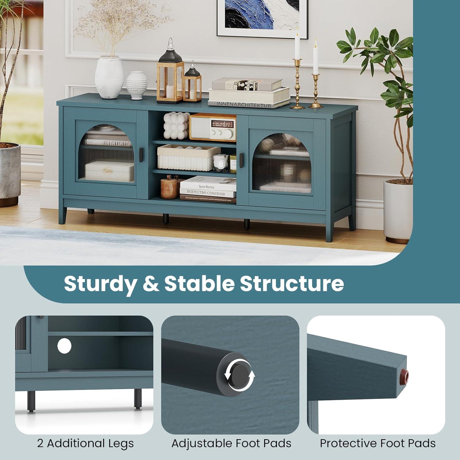 image:imageGiantex Farmhouse TV Stand for TVs up to 65 Entertainment Center with 4 Adjustable Storage Shelves amp Tempered Glass Doors Modern TV Console Table for Bedroom Living RoomTeal Blue