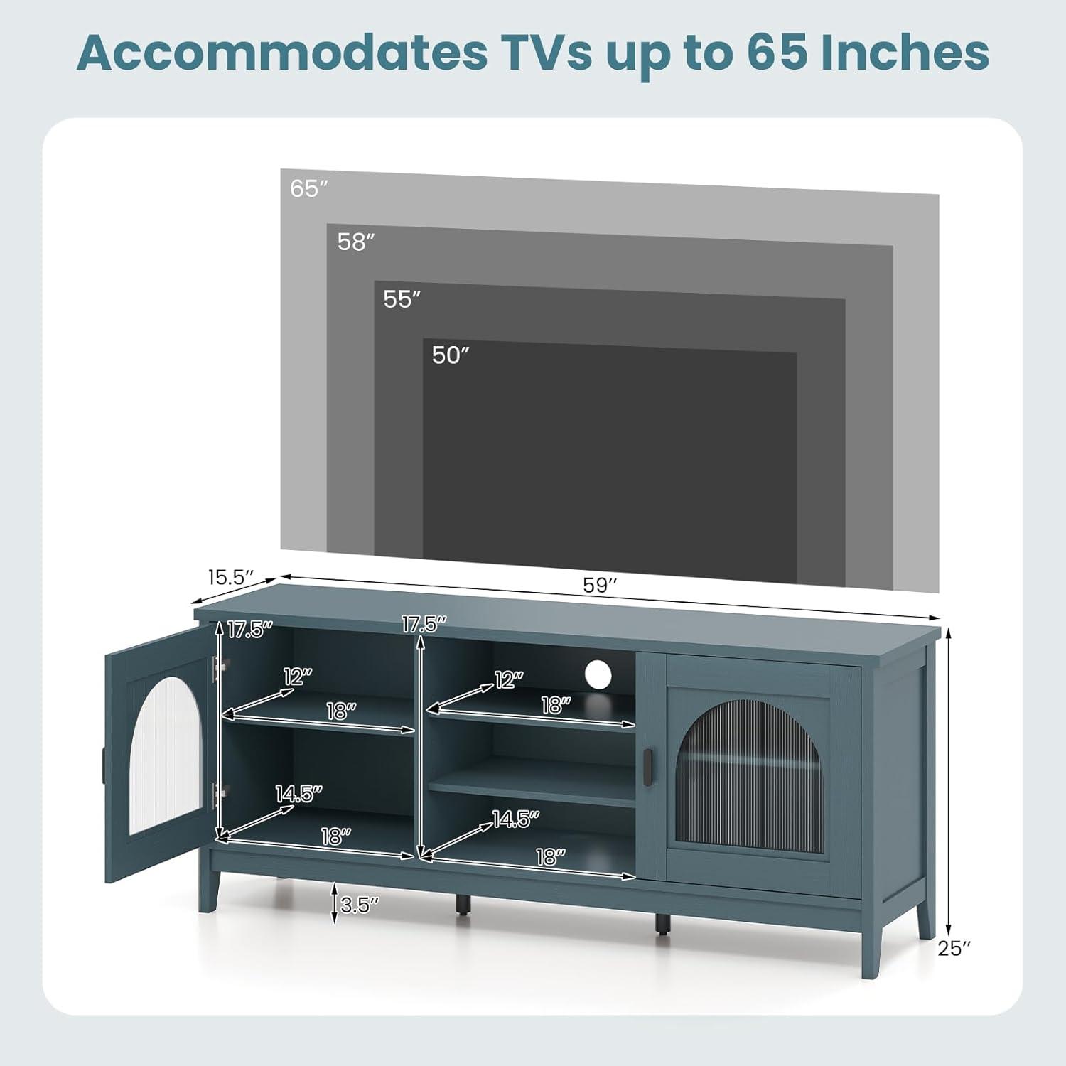 image:imageGiantex Farmhouse TV Stand for TVs up to 65 Entertainment Center with 4 Adjustable Storage Shelves amp Tempered Glass Doors Modern TV Console Table for Bedroom Living RoomTeal Blue