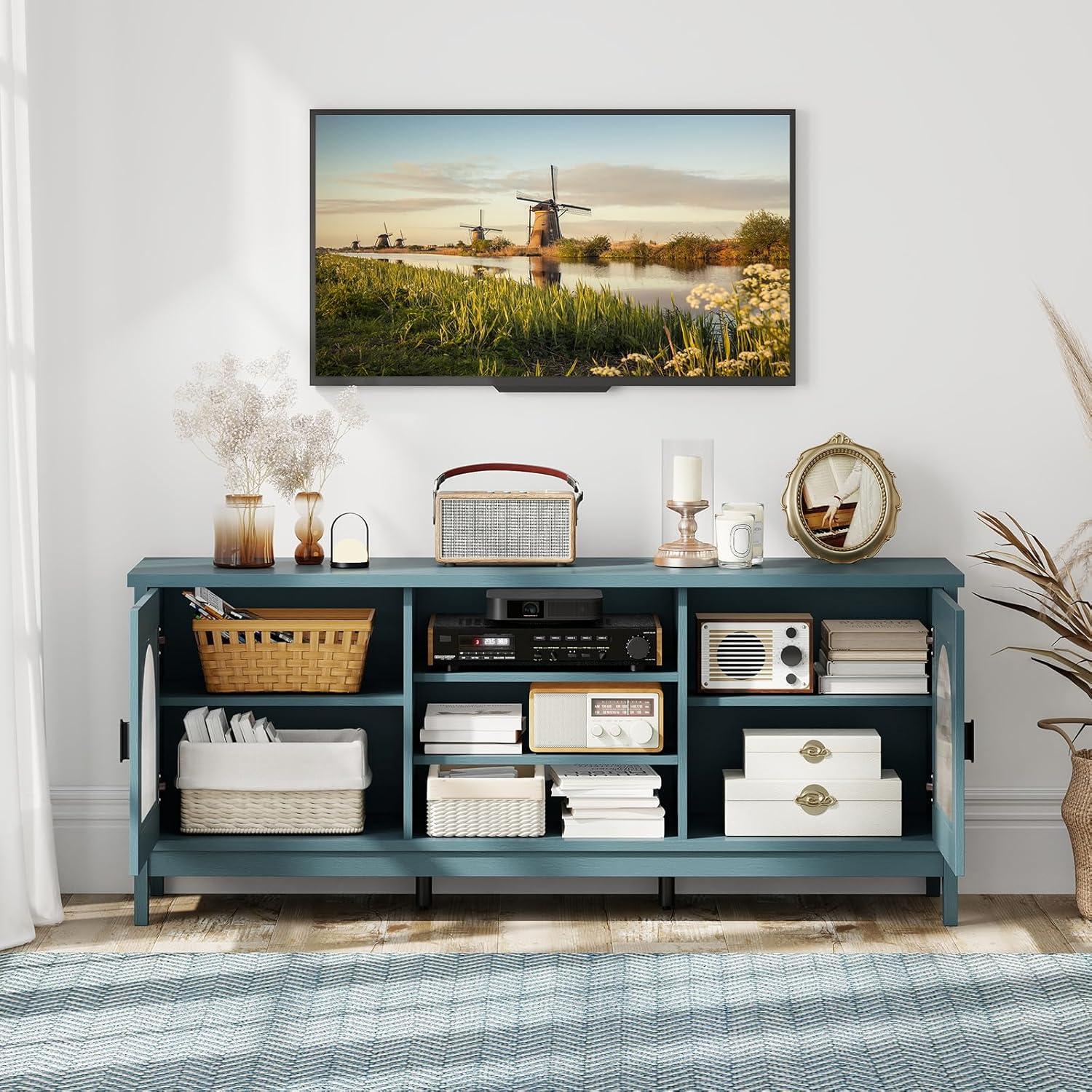 image:imageGiantex Farmhouse TV Stand for TVs up to 65 Entertainment Center with 4 Adjustable Storage Shelves amp Tempered Glass Doors Modern TV Console Table for Bedroom Living RoomTeal Blue