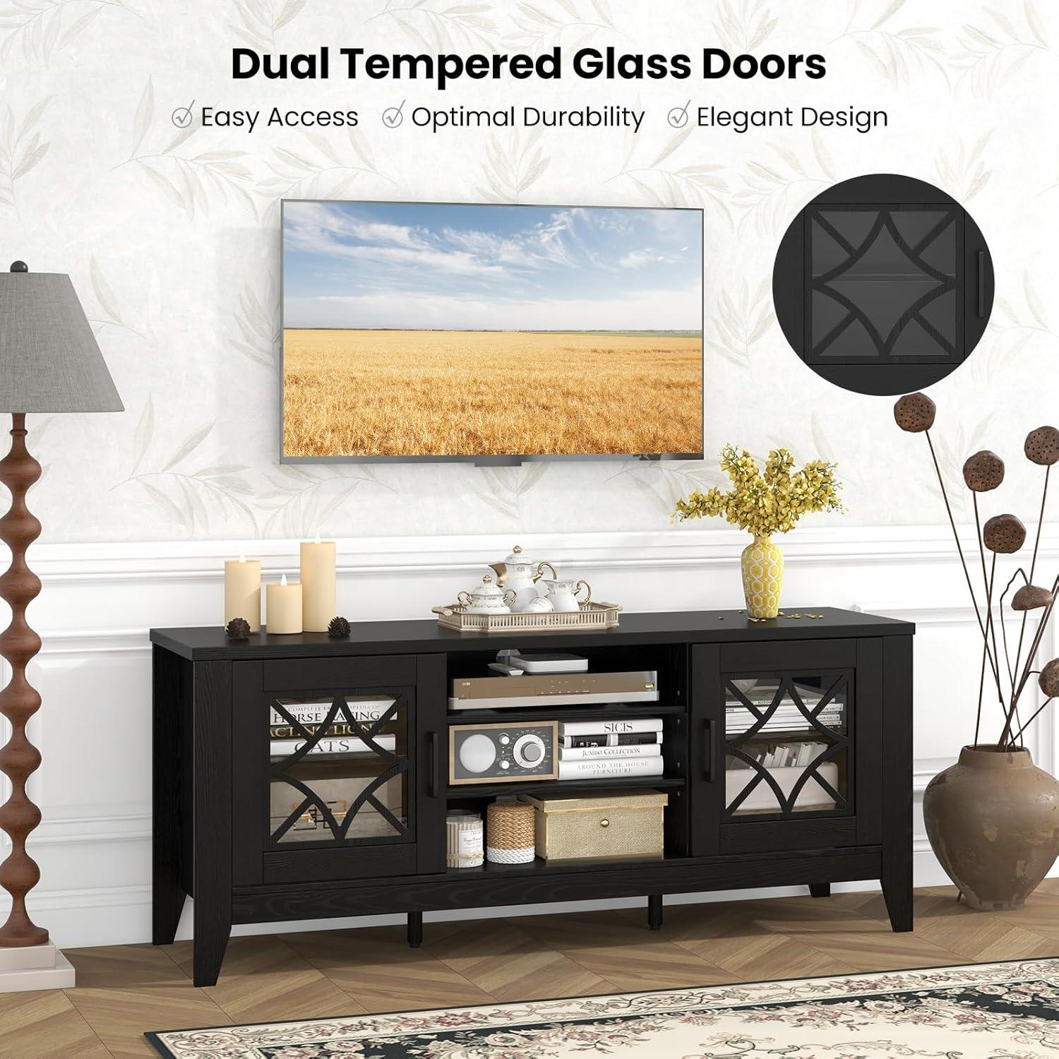 image:imageGiantex Farmhouse TV Stand for TVs up to 65 Entertainment Center with 4 Adjustable Storage Shelves amp Tempered Glass Doors Modern TV Console Table for Bedroom Living RoomBlack
