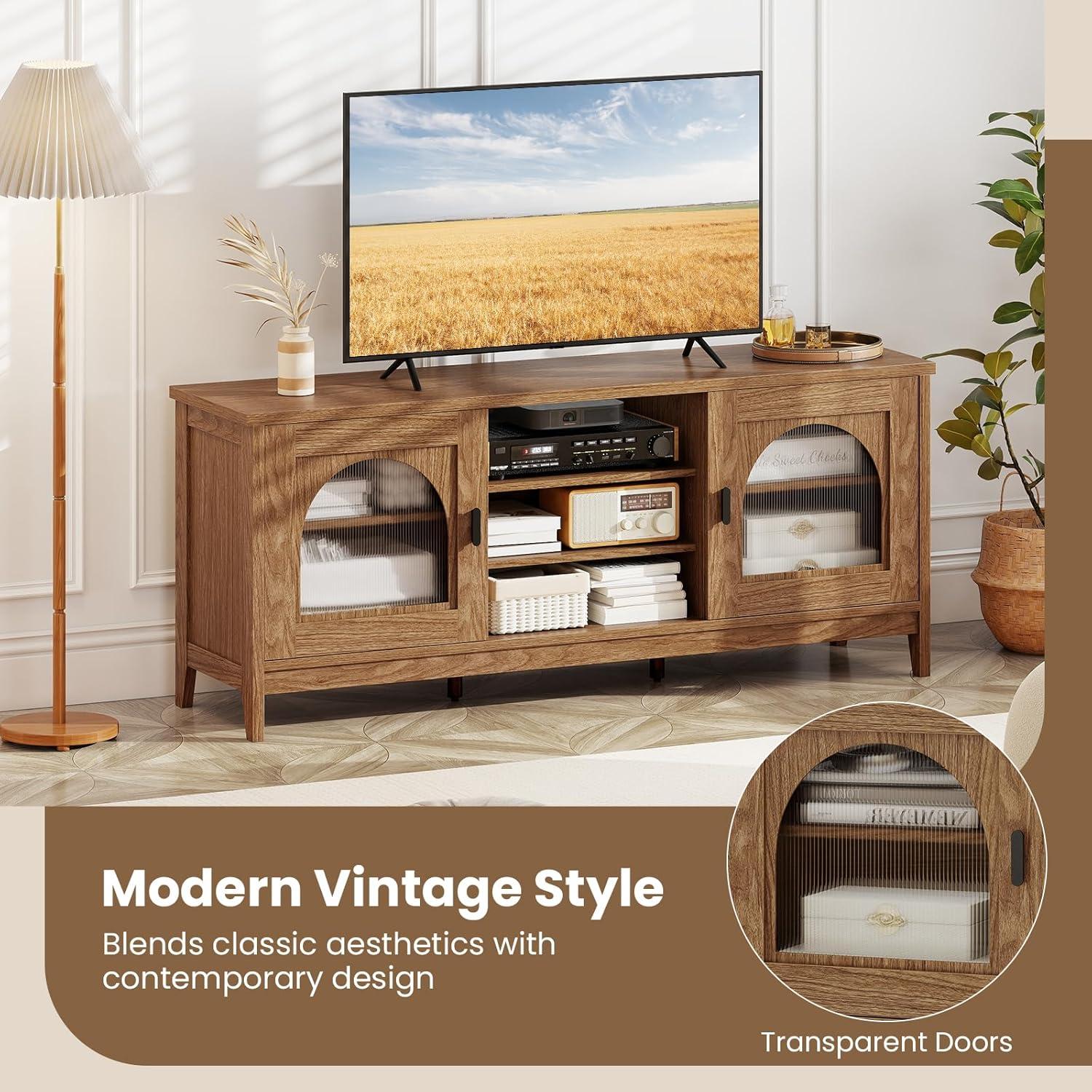image:imageGiantex Farmhouse TV Stand for TVs up to 65 Entertainment Center with 4 Adjustable Storage Shelves amp Tempered Glass Doors Modern TV Console Table for Bedroom Living RoomWalnut