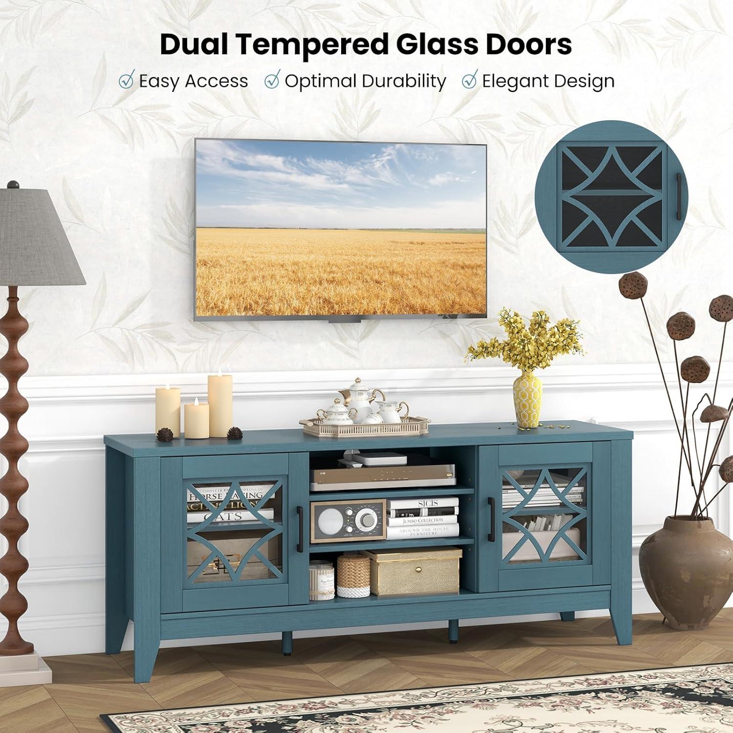 image:imageGiantex Farmhouse TV Stand for TVs up to 65 Entertainment Center with 4 Adjustable Storage Shelves amp Tempered Glass Doors Modern TV Console Table for Bedroom Living RoomTeal Blue
