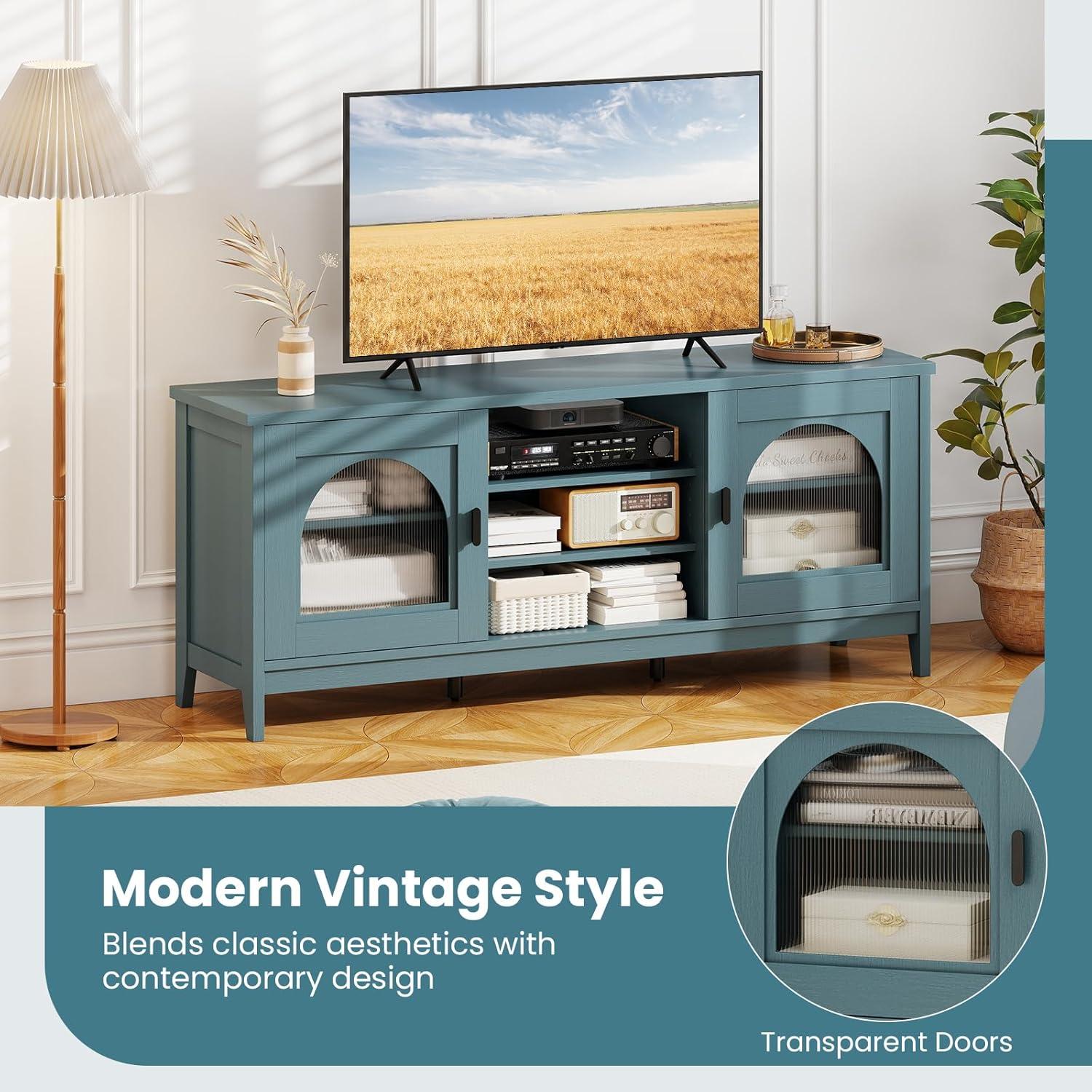 image:imageGiantex Farmhouse TV Stand for TVs up to 65 Entertainment Center with 4 Adjustable Storage Shelves amp Tempered Glass Doors Modern TV Console Table for Bedroom Living RoomTeal Blue