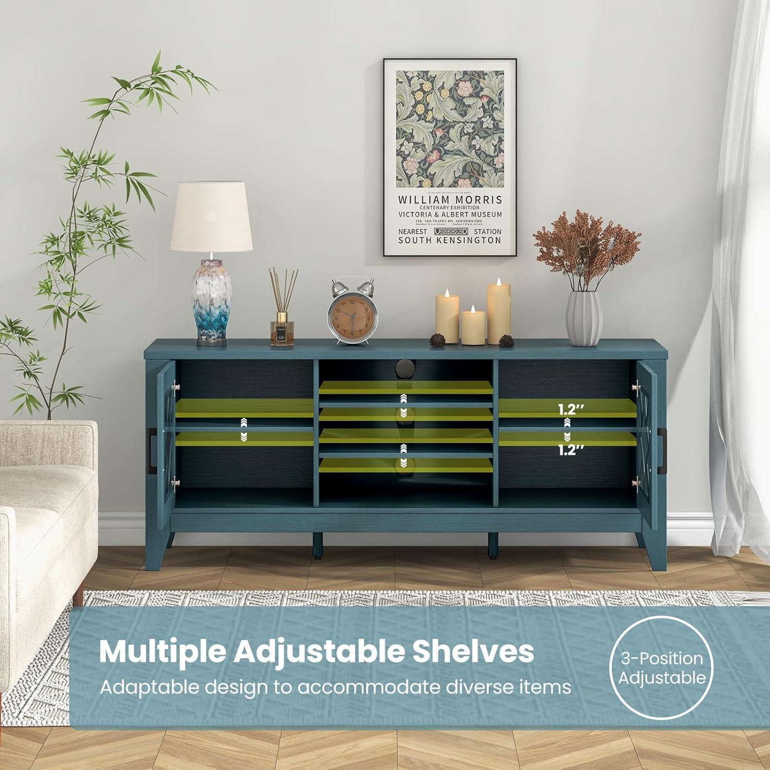 image:imageGiantex Farmhouse TV Stand for TVs up to 65 Entertainment Center with 4 Adjustable Storage Shelves amp Tempered Glass Doors Modern TV Console Table for Bedroom Living RoomTeal Blue