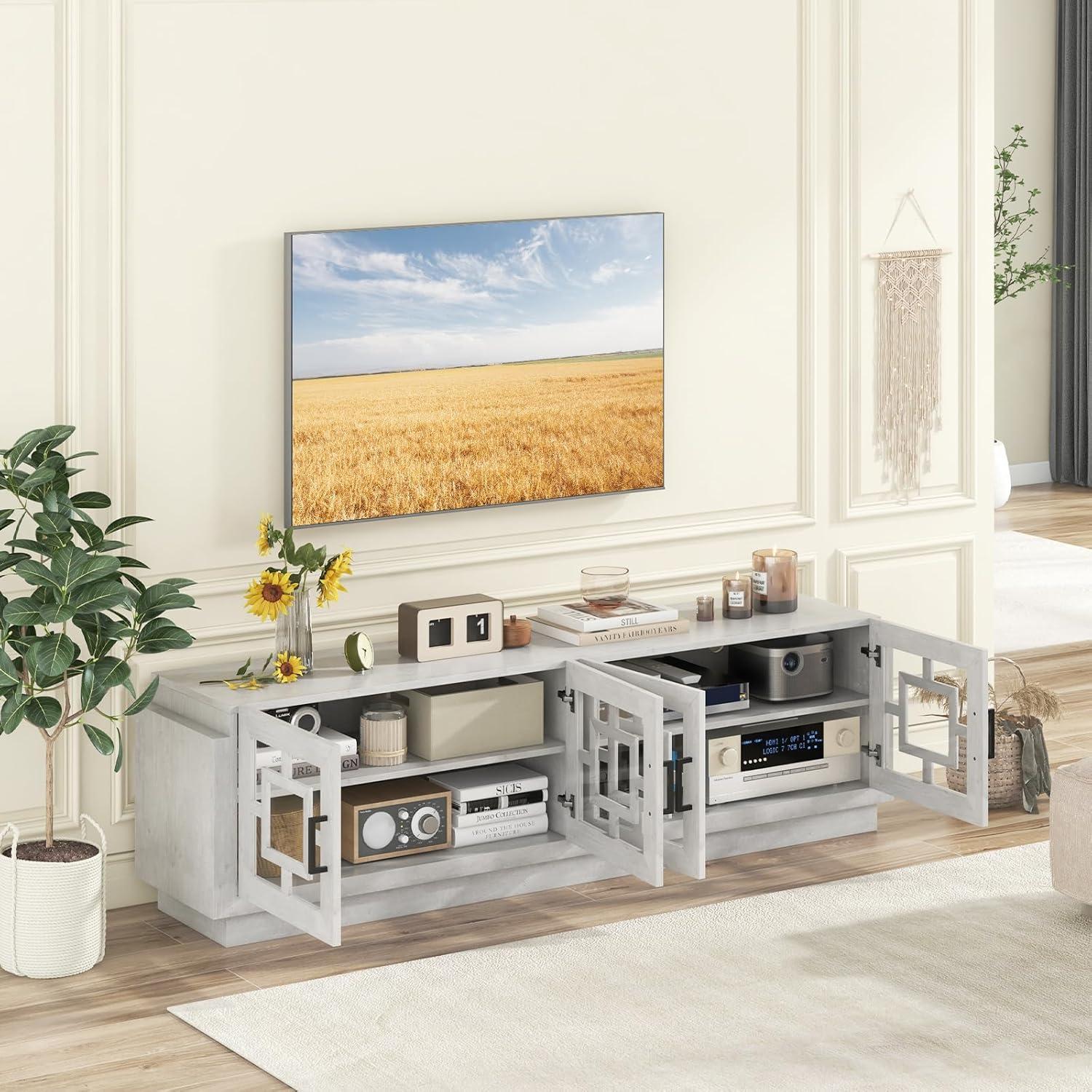 image:imageGiantex Farmhouse TV Stand for TVs up to 75 4Door Glass Entertainment Center with 2 Cabinets Adjustable Shelves Mid Century Modern Media TV Console Table for Living Room Bedroom TV Cabinet