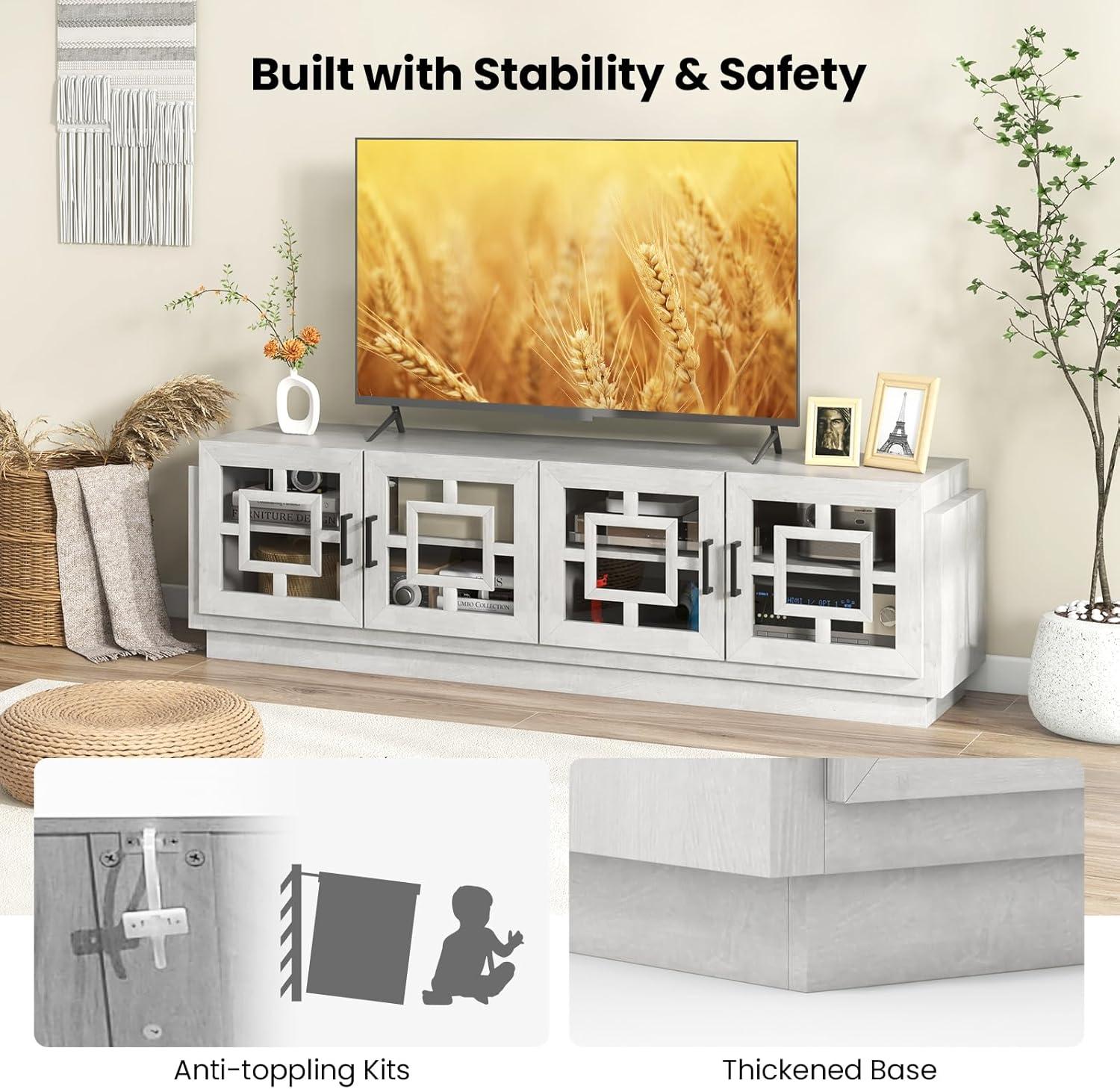 image:imageGiantex Farmhouse TV Stand for TVs up to 75 4Door Glass Entertainment Center with 2 Cabinets Adjustable Shelves Mid Century Modern Media TV Console Table for Living Room Bedroom TV Cabinet