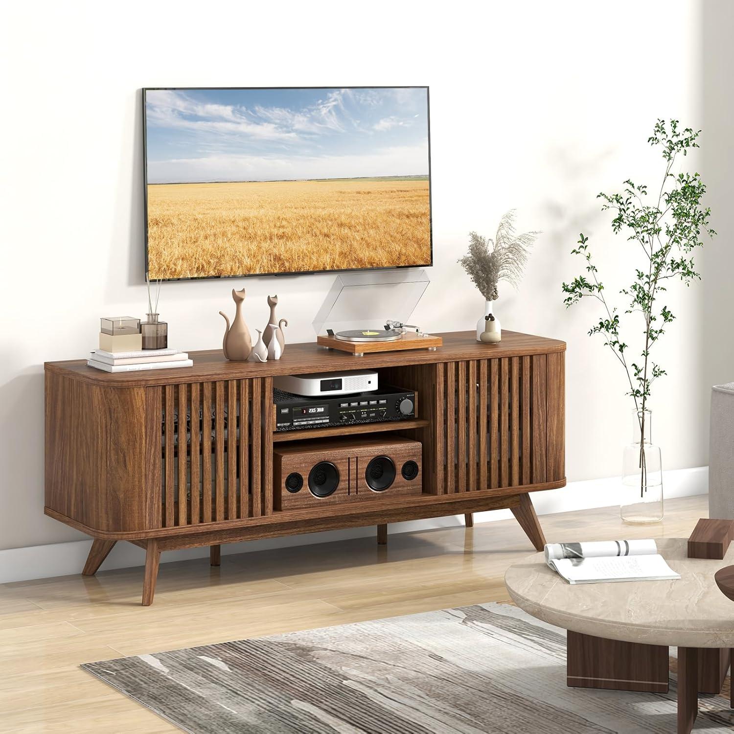 image:imageGiantex Fluted TV Stand for TVs up to 60 Mid Century Modern Entertainment Center wStorage 2Door TV Cabinet wAdjustable Shelves Media Console Table for Living Room Bedroom Walnut