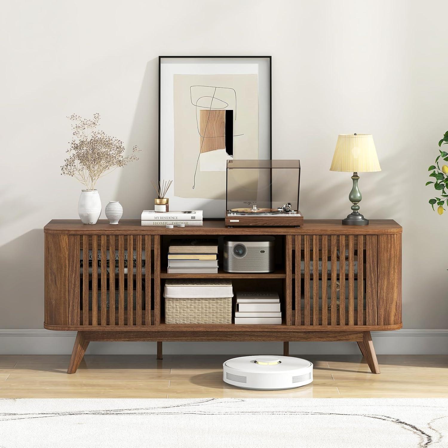 image:imageGiantex Fluted TV Stand for TVs up to 60 Mid Century Modern Entertainment Center wStorage 2Door TV Cabinet wAdjustable Shelves Media Console Table for Living Room Bedroom Walnut