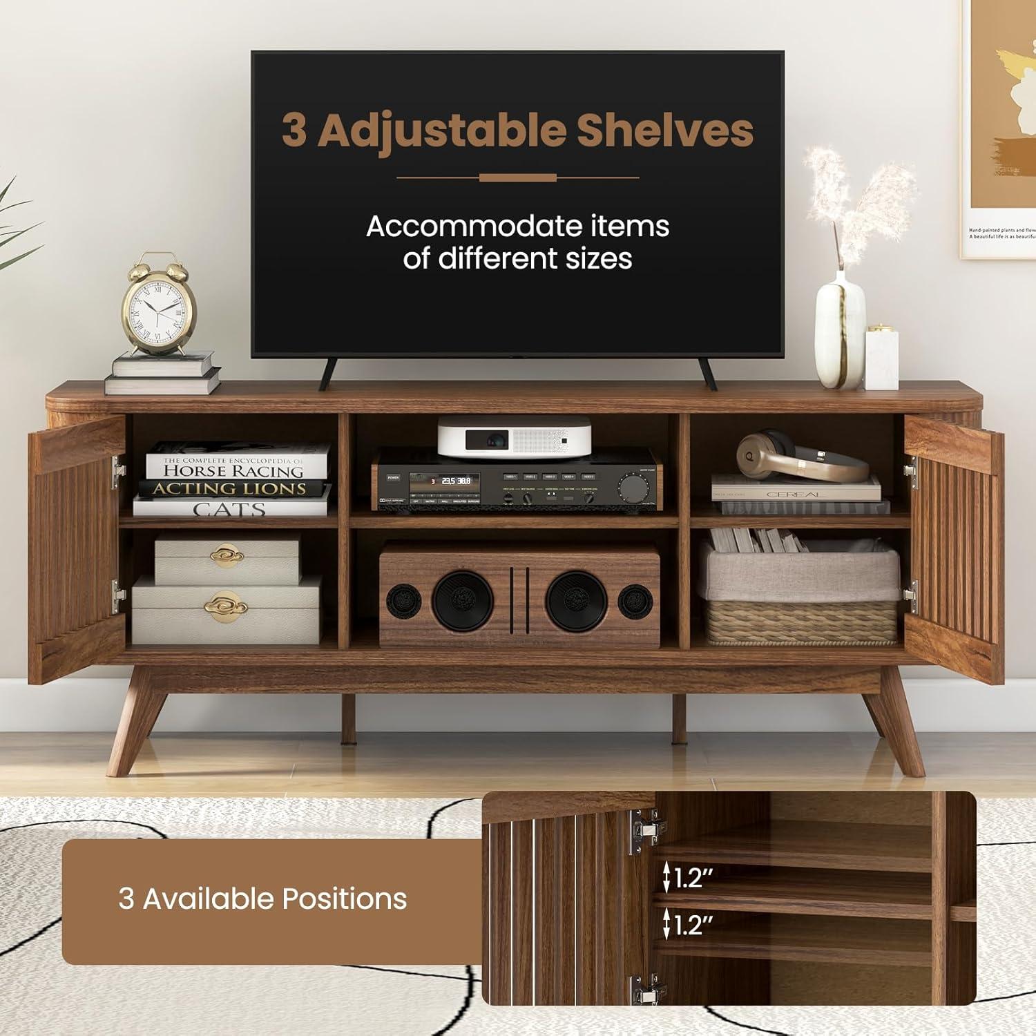 image:imageGiantex Fluted TV Stand for TVs up to 60 Mid Century Modern Entertainment Center wStorage 2Door TV Cabinet wAdjustable Shelves Media Console Table for Living Room Bedroom Walnut