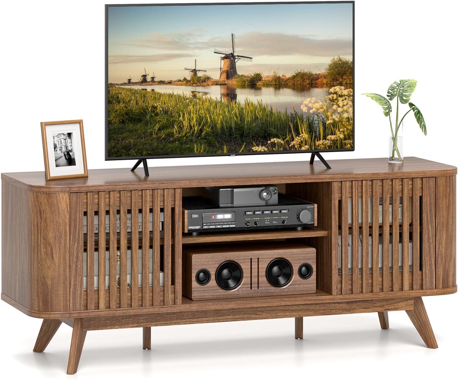 image:imageGiantex Fluted TV Stand for TVs up to 60 Mid Century Modern Entertainment Center wStorage 2Door TV Cabinet wAdjustable Shelves Media Console Table for Living Room Bedroom Walnut