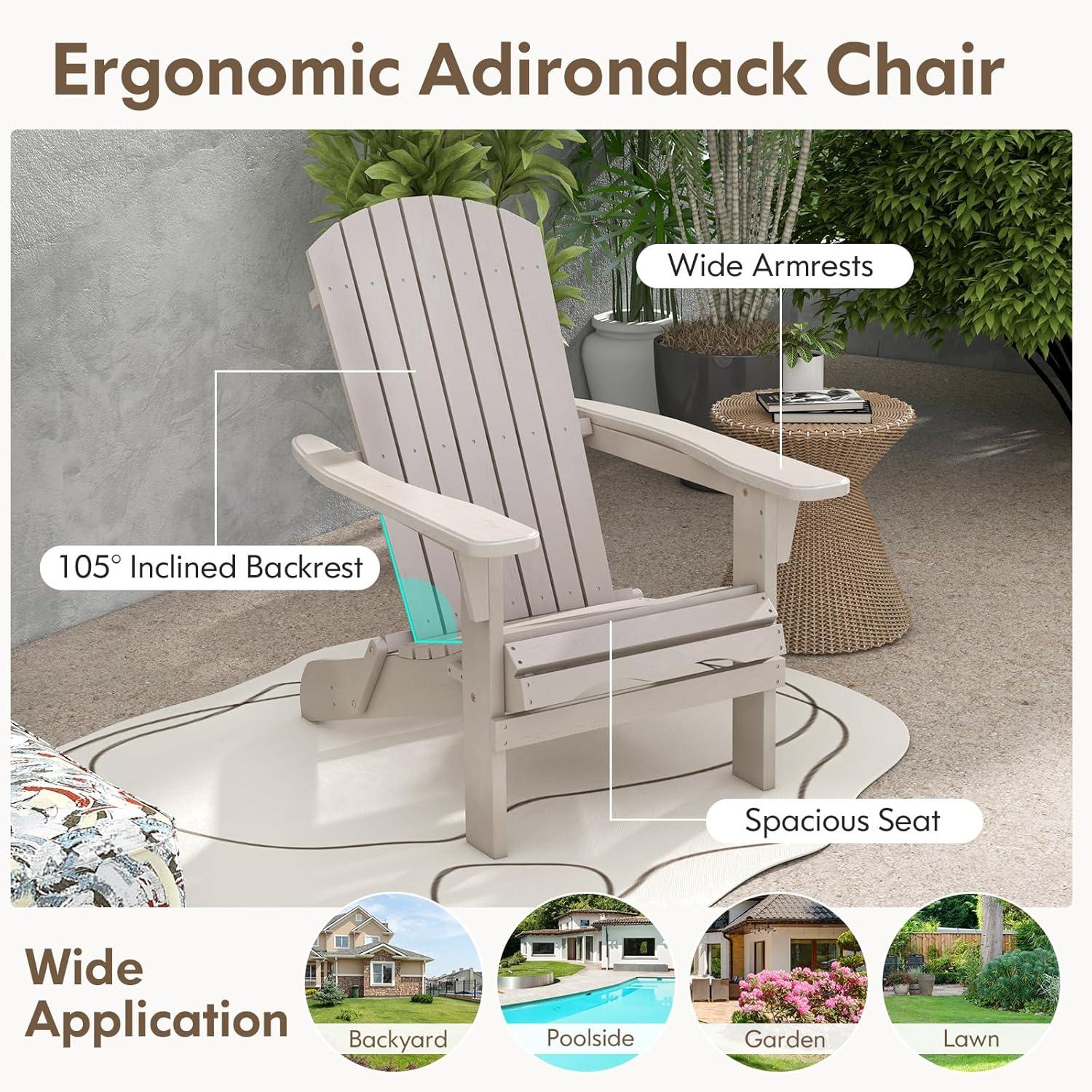 image:imageGiantex Foldable Adirondack Chair Folding Front Porch Chairs with High Back Wide Armrests 400 LBS Max Load Weather Resistant Wooden Fire Pit Chairs for Outdoor Lawn Poolside 1 GreyGrey