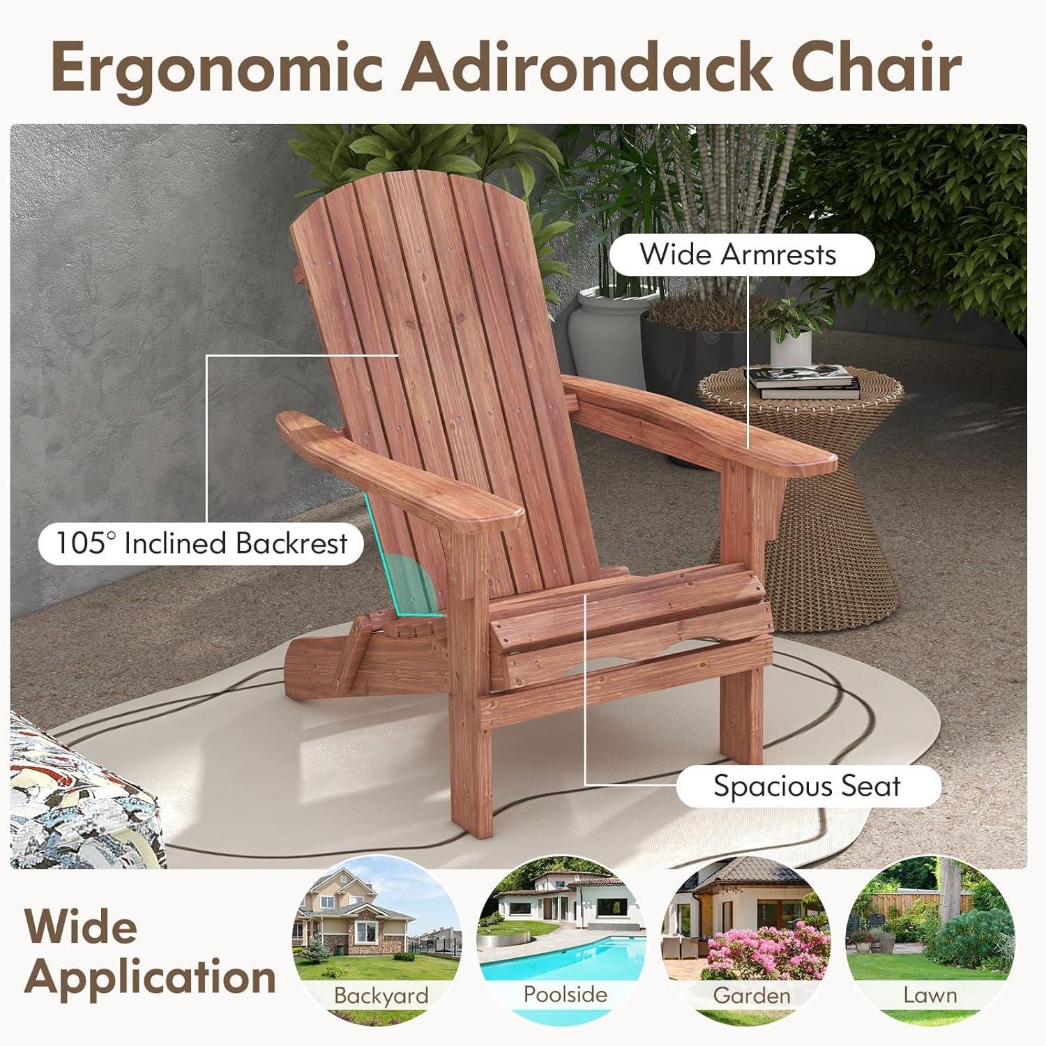 image:imageGiantex Foldable Adirondack Chair Folding Front Porch Chairs with High Back Wide Armrests 400 LBS Max Load Weather Resistant Wooden Fire Pit Chairs for Outdoor Lawn Poolside 1 GreyBrown