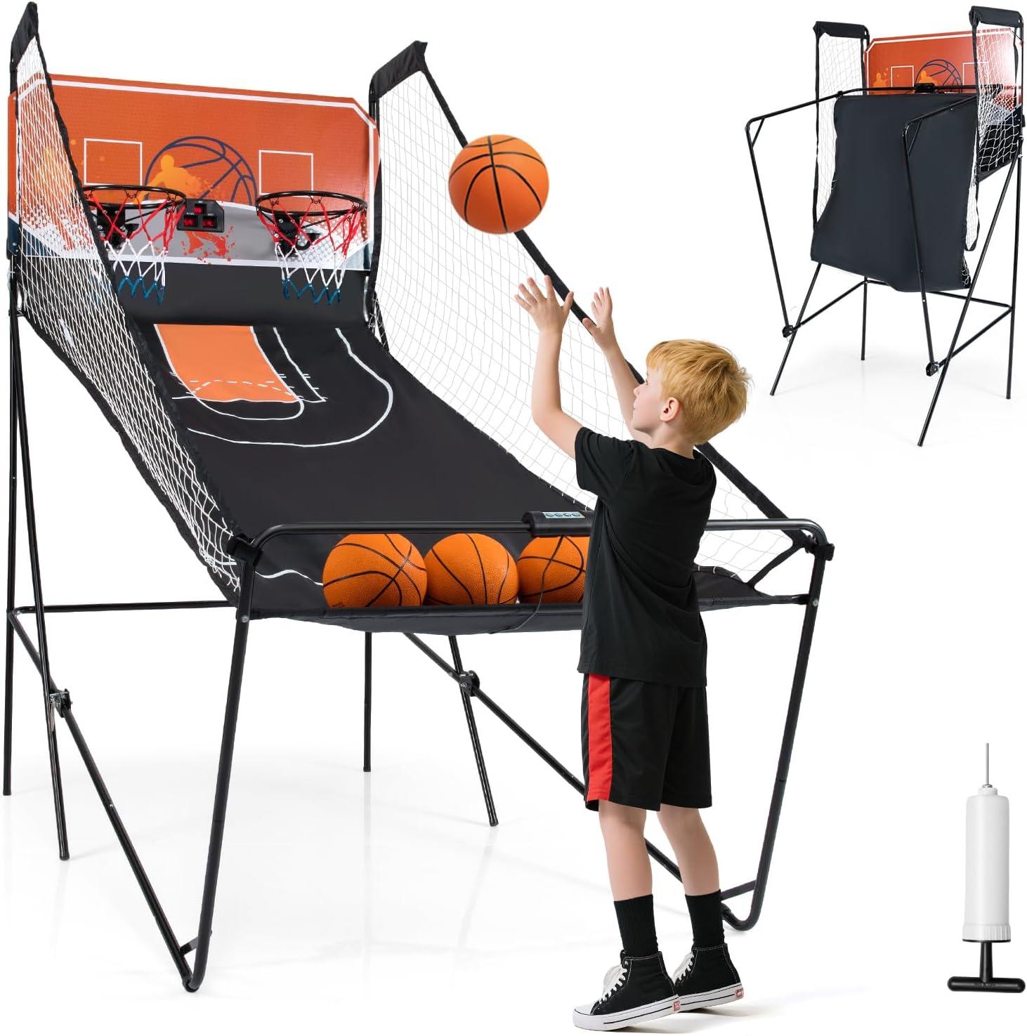 image:imageGiantex Foldable Basketball Arcade Game 8 Game Options Electronic Double Shot 2 Player w 4 Balls and LED Scoring System Indoor Basketball Game for Kids Adults Black amp SilverOrange