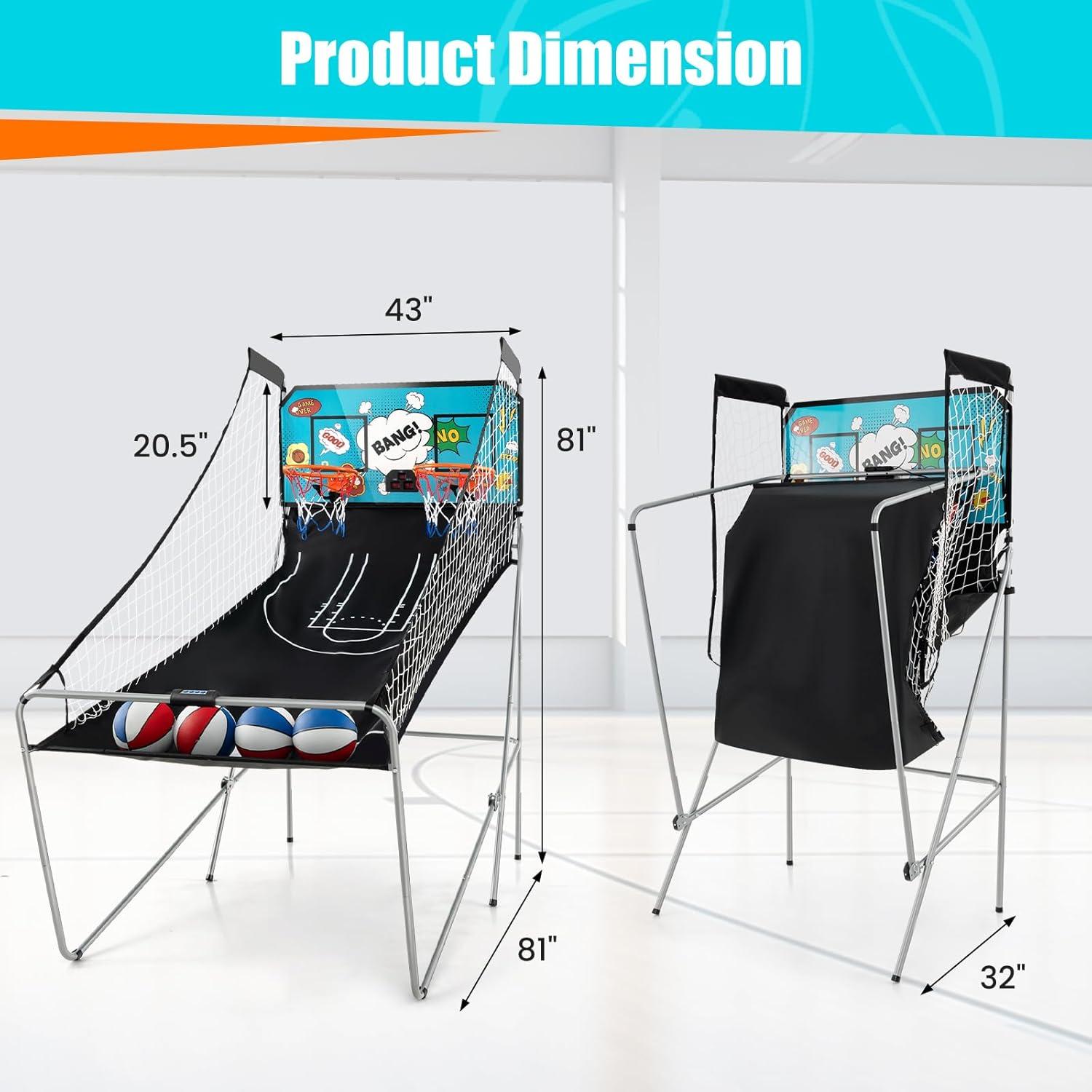 image:imageGiantex Foldable Basketball Arcade Game 8 Game Options Electronic Double Shot 2 Player w 4 Balls and LED Scoring System Indoor Basketball Game for Kids Adults Black amp SilverBlue