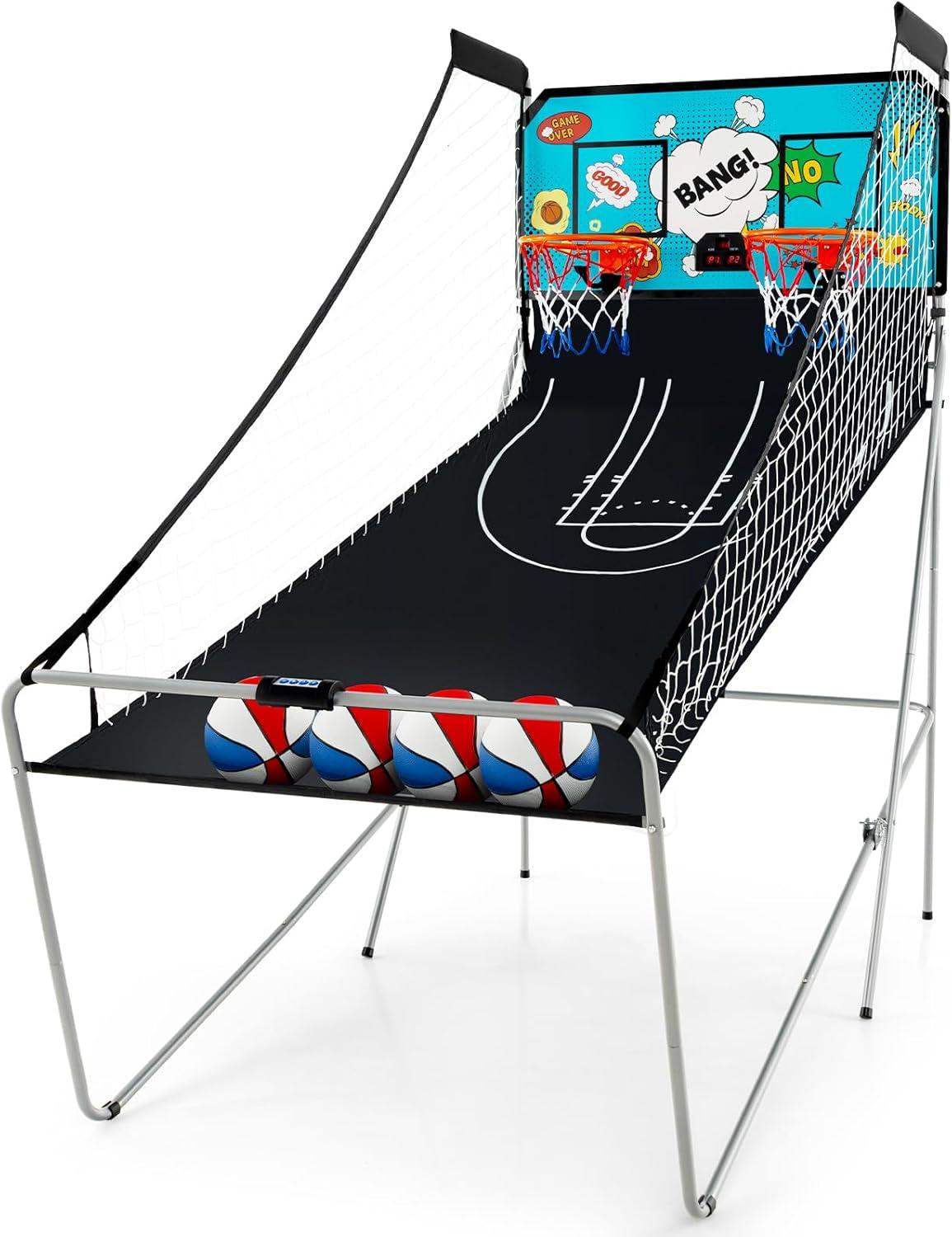 image:imageGiantex Foldable Basketball Arcade Game 8 Game Options Electronic Double Shot 2 Player w 4 Balls and LED Scoring System Indoor Basketball Game for Kids Adults Black amp SilverBlue