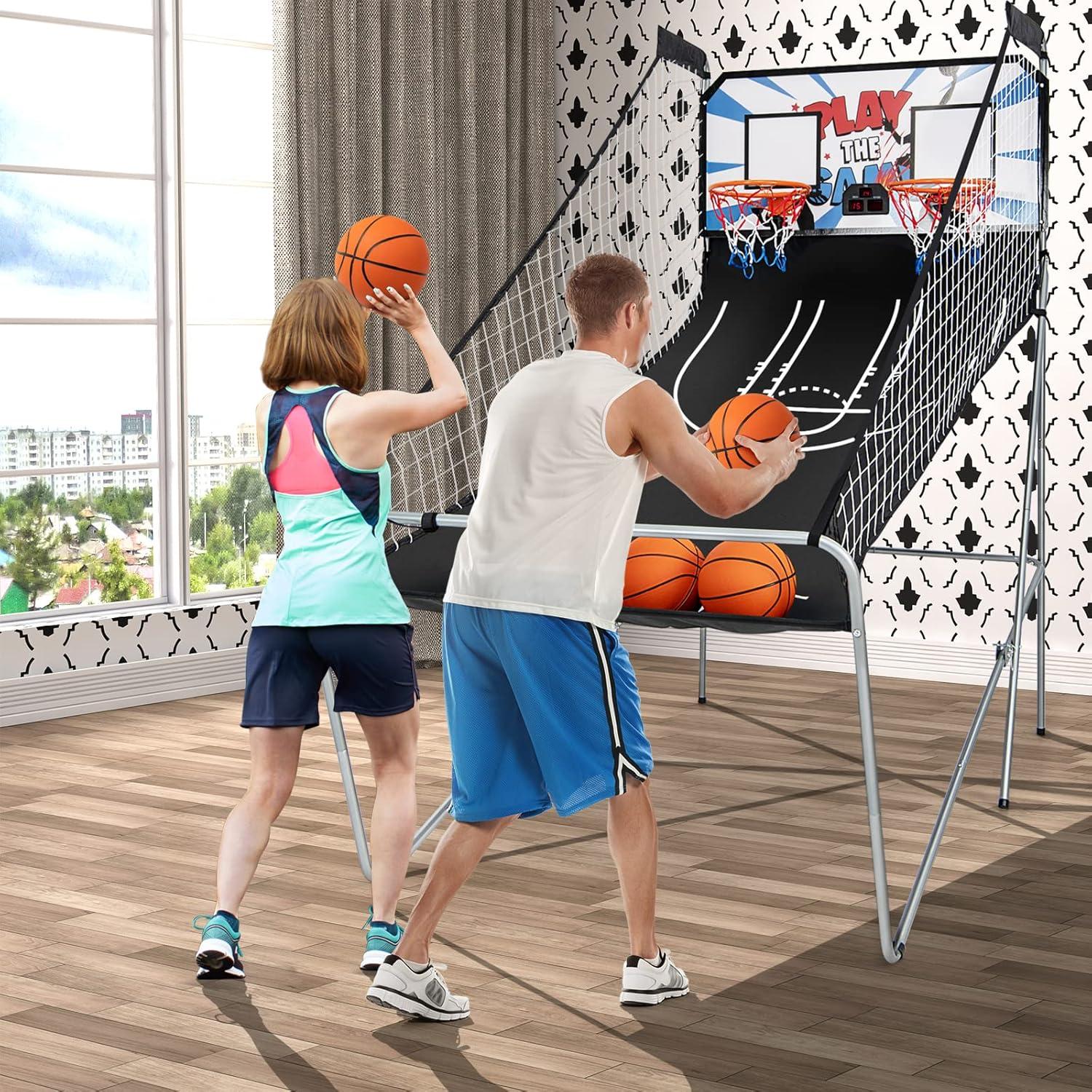 image:imageGiantex Foldable Basketball Arcade Game 8 Game Options Electronic Double Shot 2 Player w 4 Balls and LED Scoring System Indoor Basketball Game for Kids Adults Black amp SilverWhite