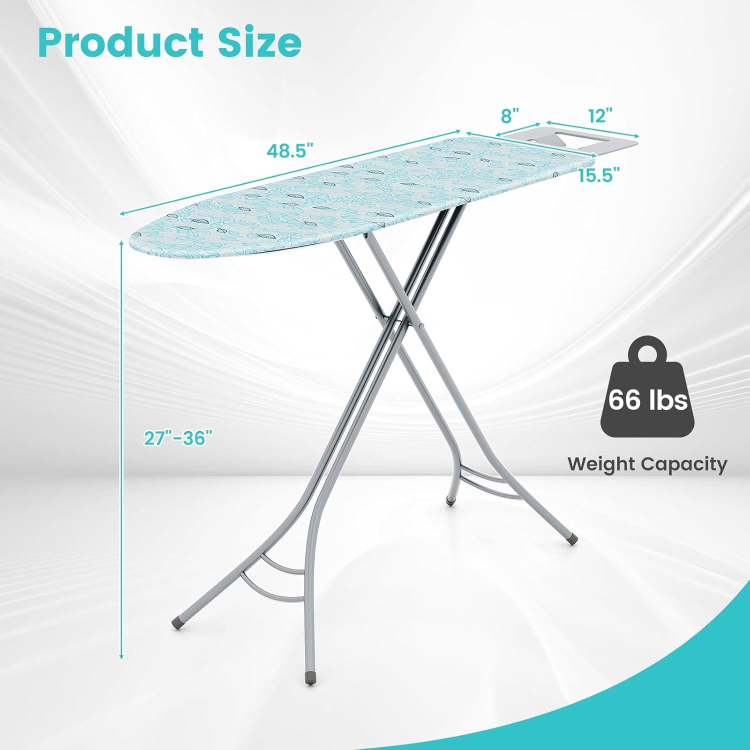 image:imageGiantex Foldable Ironing Board with Iron Rest Heat Resistant Cover 485 x 155 Ironing Surface 2736 Adjustable Heights Sturdy Metal Frame Iron Board for Laundry Room Light GrayTurquoise Leaves