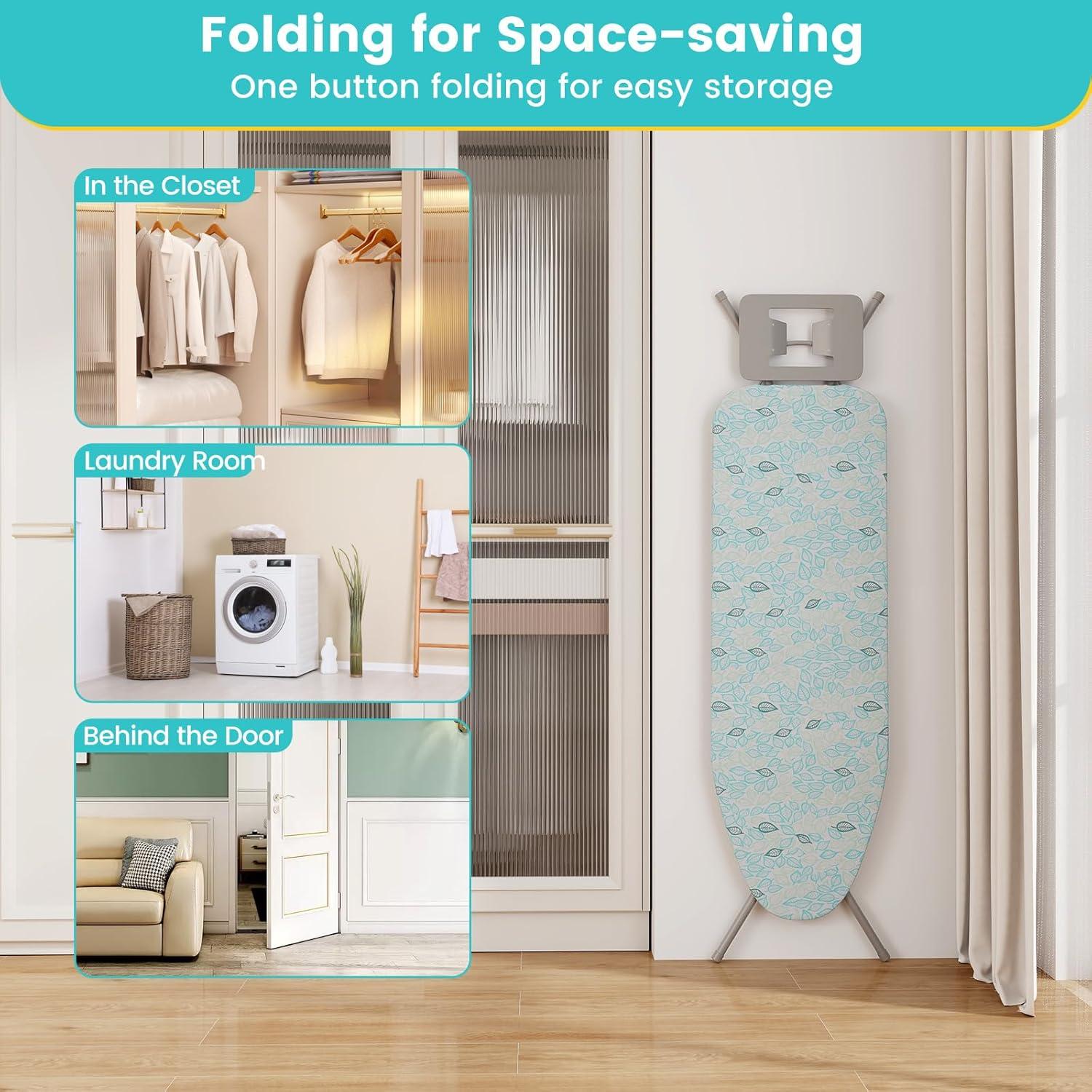 image:imageGiantex Foldable Ironing Board with Iron Rest Heat Resistant Cover 485 x 155 Ironing Surface 2736 Adjustable Heights Sturdy Metal Frame Iron Board for Laundry Room Light GrayTurquoise Leaves