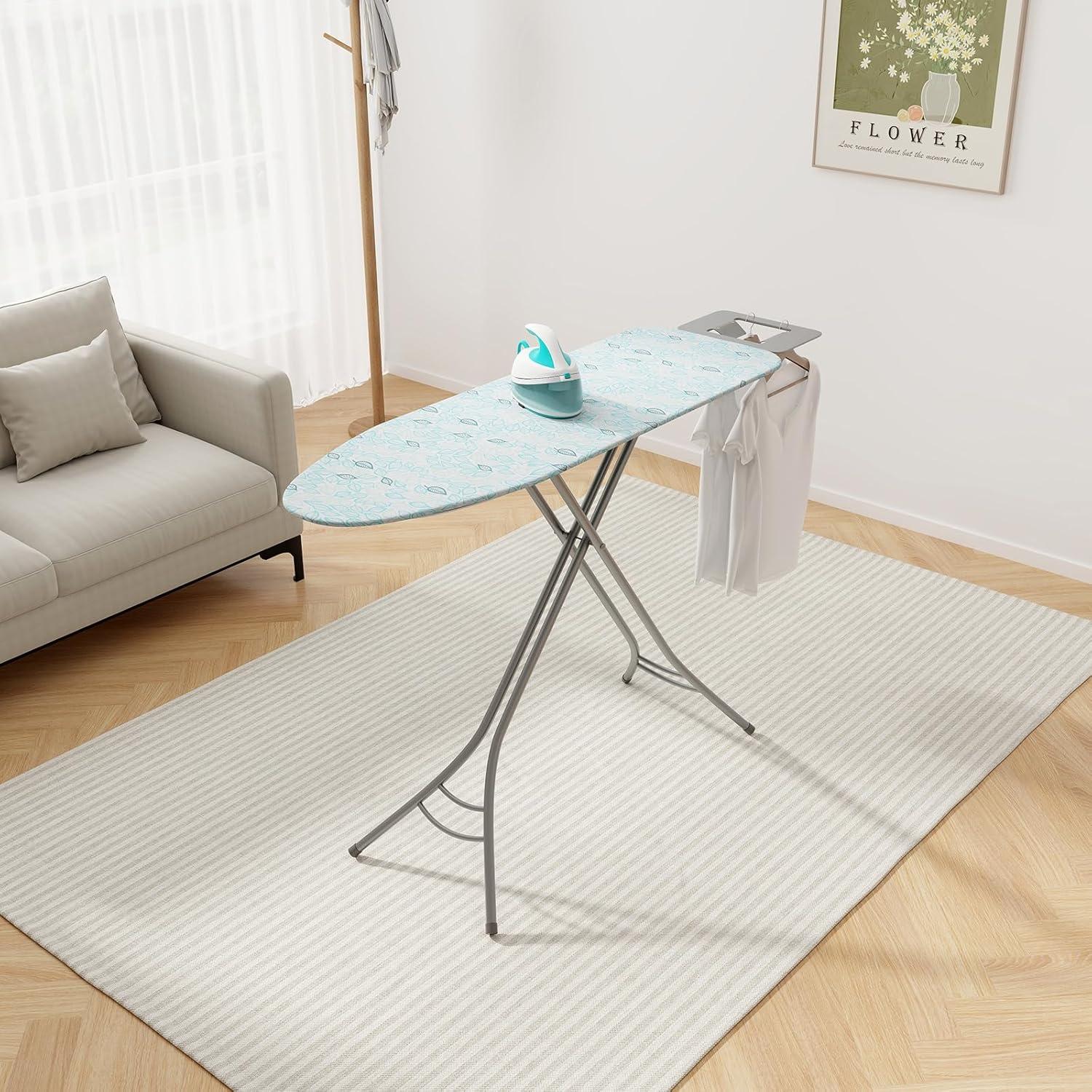 image:imageGiantex Foldable Ironing Board with Iron Rest Heat Resistant Cover 485 x 155 Ironing Surface 2736 Adjustable Heights Sturdy Metal Frame Iron Board for Laundry Room Light GrayTurquoise Leaves