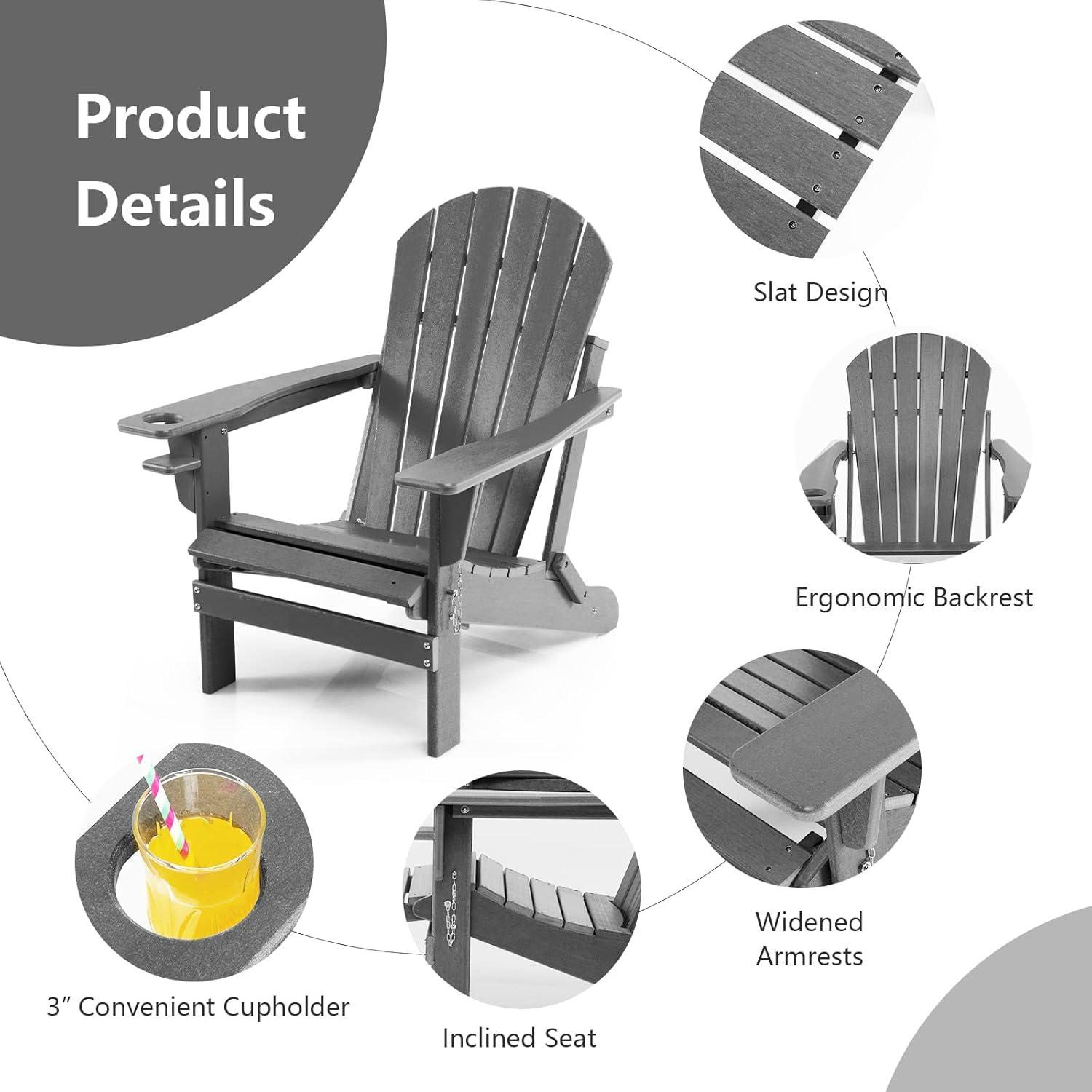 image:imageGiantex Folding Adirondack Chair HDPE Patio Chairs Fire Pit Lounge Chair WRetractable Ottoman amp Cup Holder Weatherproof Outdoor Adirondack Chairs for Porch Garden Backyard 1 GrayGrey