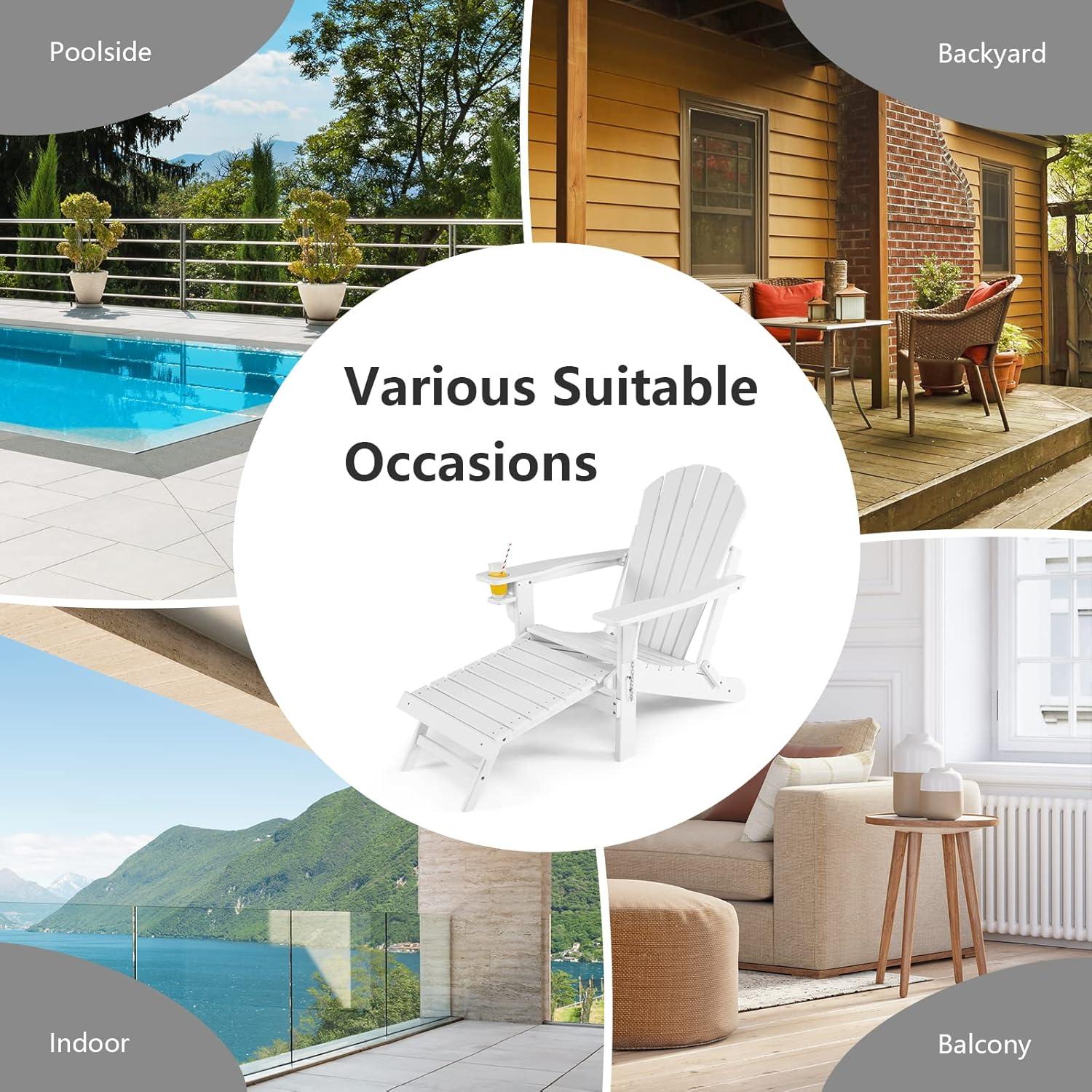 image:imageGiantex Folding Adirondack Chair HDPE Patio Chairs Fire Pit Lounge Chair WRetractable Ottoman amp Cup Holder Weatherproof Outdoor Adirondack Chairs for Porch Garden Backyard 1 GrayWhite