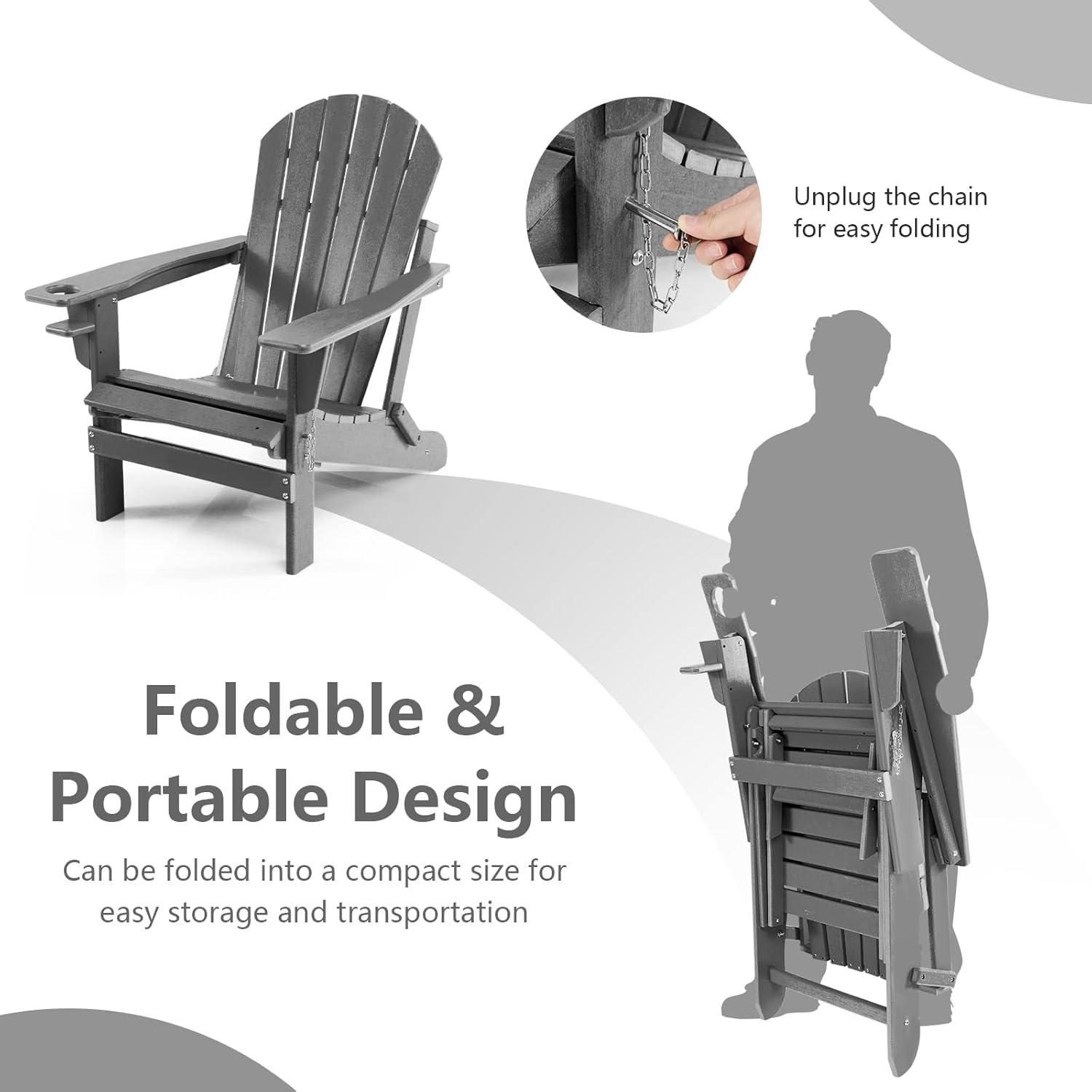 image:imageGiantex Folding Adirondack Chair HDPE Patio Chairs Fire Pit Lounge Chair WRetractable Ottoman amp Cup Holder Weatherproof Outdoor Adirondack Chairs for Porch Garden Backyard 1 GrayGrey