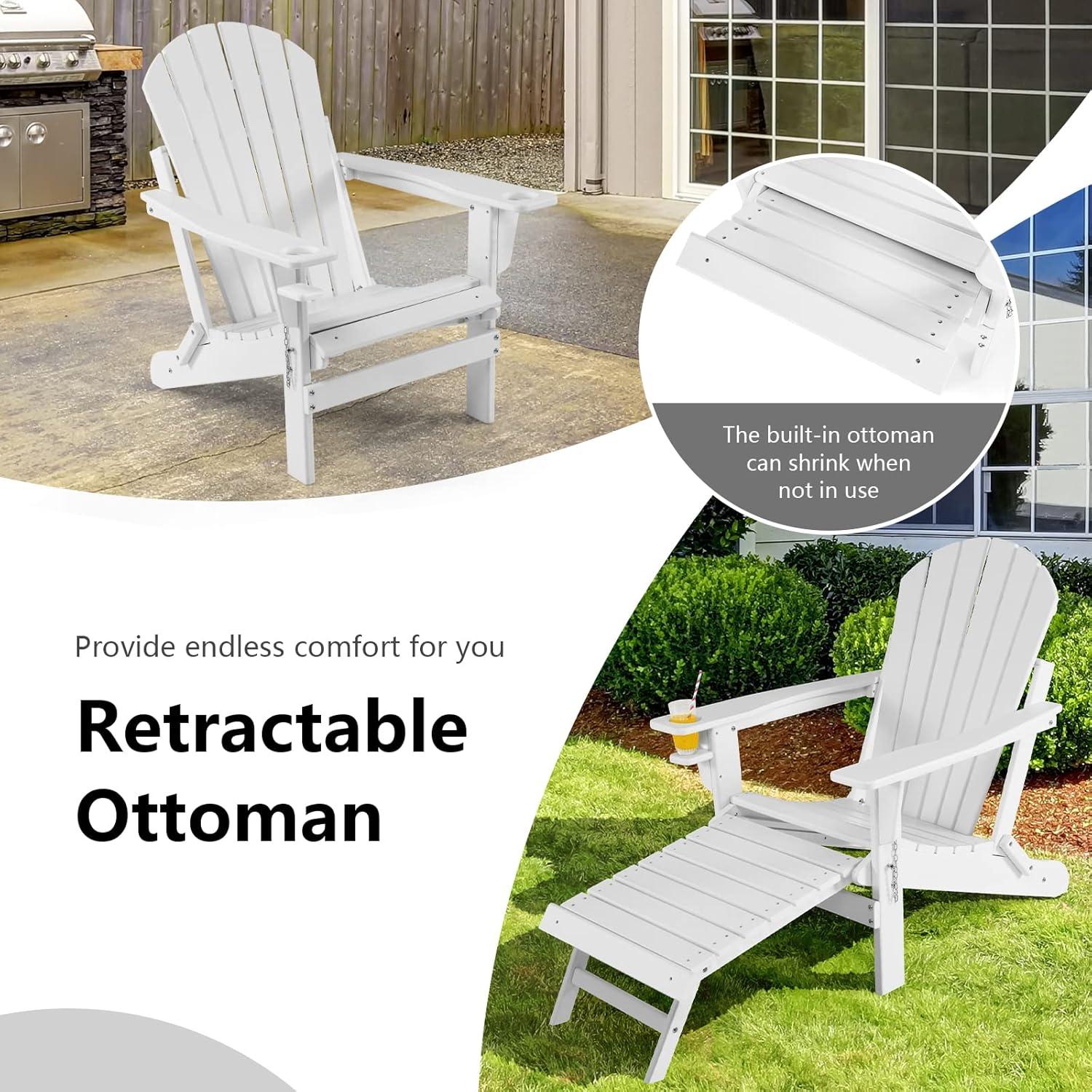 image:imageGiantex Folding Adirondack Chair HDPE Patio Chairs Fire Pit Lounge Chair WRetractable Ottoman amp Cup Holder Weatherproof Outdoor Adirondack Chairs for Porch Garden Backyard 1 GrayWhite