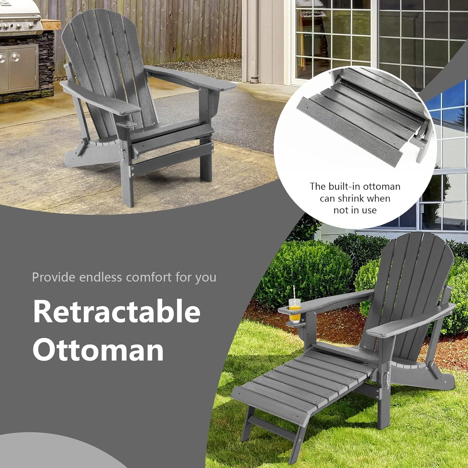 image:imageGiantex Folding Adirondack Chair HDPE Patio Chairs Fire Pit Lounge Chair WRetractable Ottoman amp Cup Holder Weatherproof Outdoor Adirondack Chairs for Porch Garden Backyard 1 GrayGrey