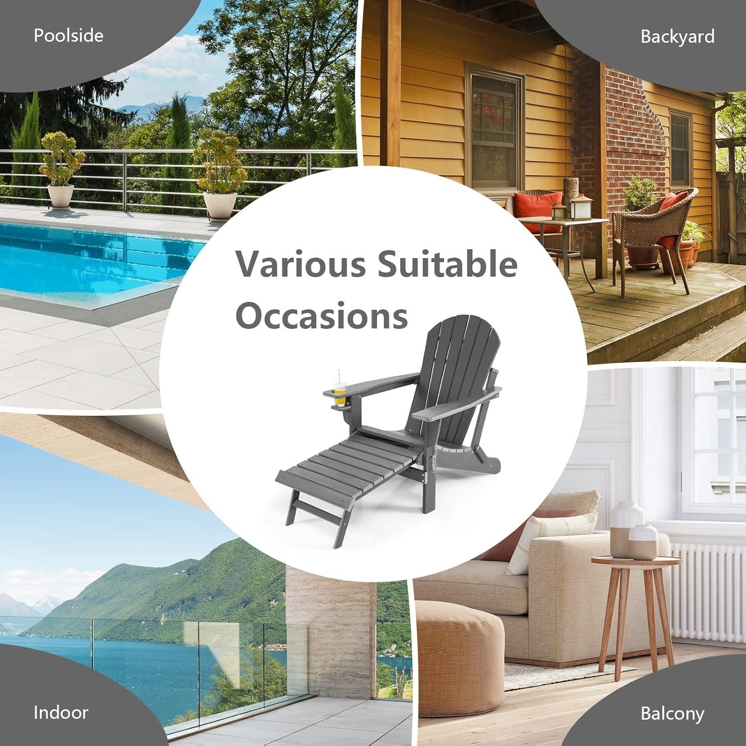 image:imageGiantex Folding Adirondack Chair HDPE Patio Chairs Fire Pit Lounge Chair WRetractable Ottoman amp Cup Holder Weatherproof Outdoor Adirondack Chairs for Porch Garden Backyard 1 GrayGrey