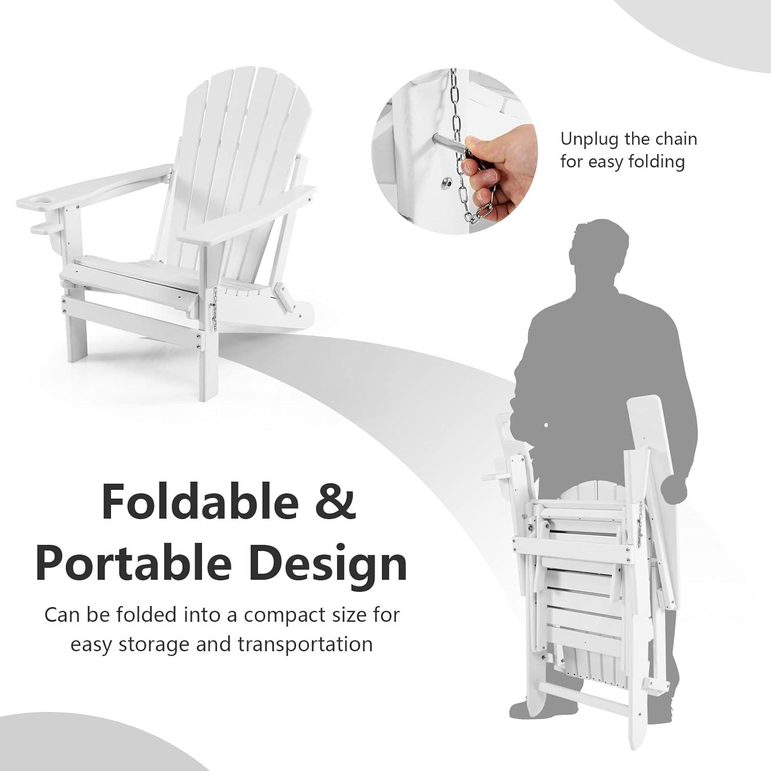 image:imageGiantex Folding Adirondack Chair HDPE Patio Chairs Fire Pit Lounge Chair WRetractable Ottoman amp Cup Holder Weatherproof Outdoor Adirondack Chairs for Porch Garden Backyard 1 GrayWhite