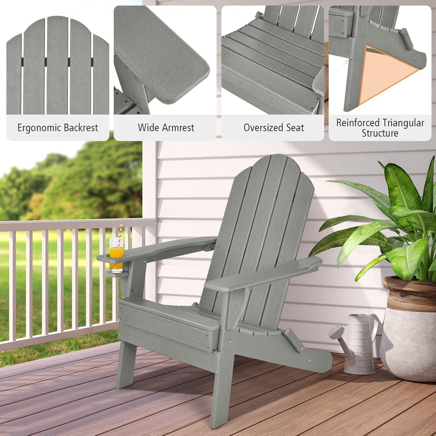 image:imageGiantex Folding Adirondack Chair Set HDPE Weather Resistant Fire Pit Chair Set with 18Inch Outdoor Side Table Cup Holder Lounge Set for Outside Deck Backyard Porch Poolside WhiteGrey