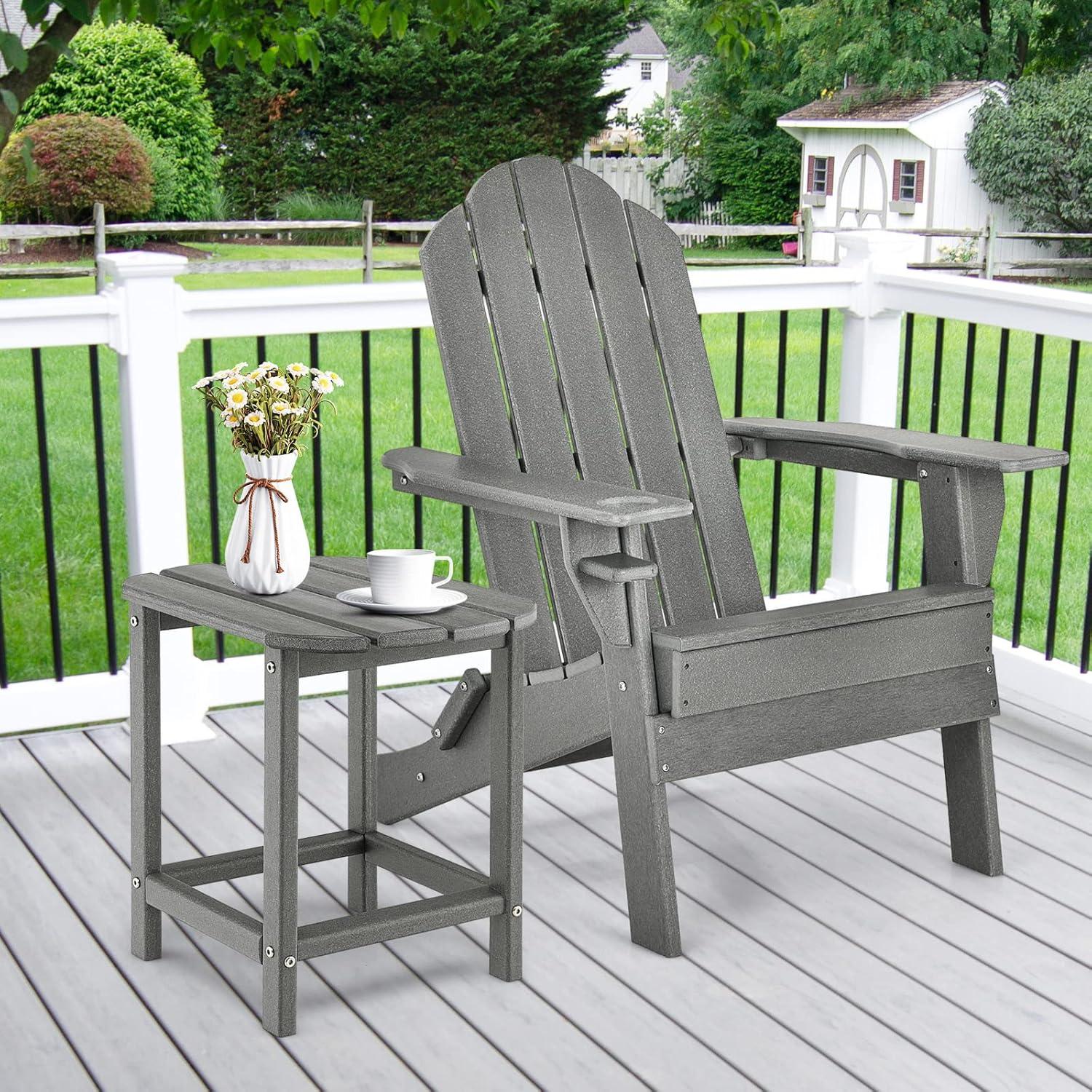 image:imageGiantex Folding Adirondack Chair Set HDPE Weather Resistant Fire Pit Chair Set with 18Inch Outdoor Side Table Cup Holder Lounge Set for Outside Deck Backyard Porch Poolside WhiteGrey