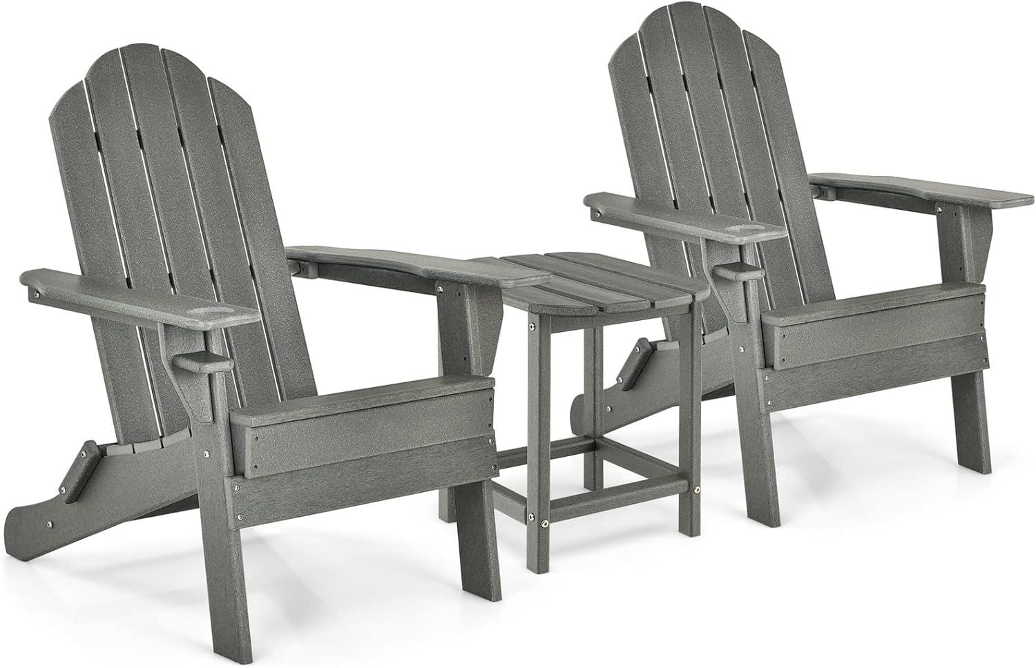 image:imageGiantex Folding Adirondack Chair Set HDPE Weather Resistant Fire Pit Chair Set with 18Inch Outdoor Side Table Cup Holder Lounge Set for Outside Deck Backyard Porch Poolside WhiteGrey