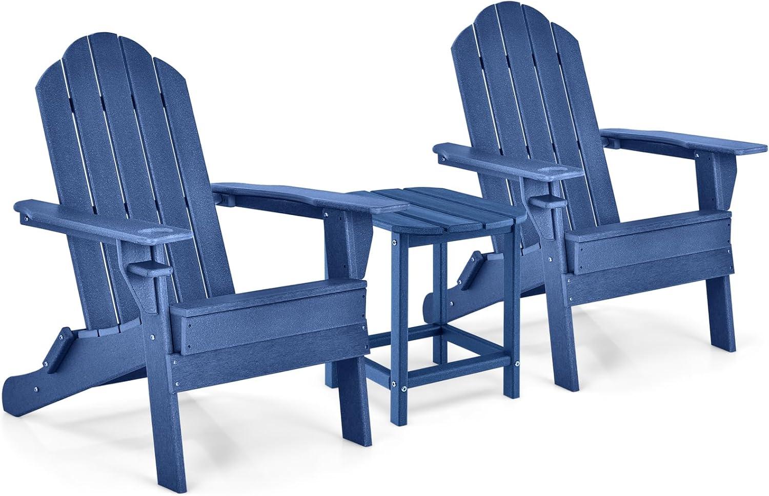 image:imageGiantex Folding Adirondack Chair Set HDPE Weather Resistant Fire Pit Chair Set with 18Inch Outdoor Side Table Cup Holder Lounge Set for Outside Deck Backyard Porch Poolside WhiteNavy