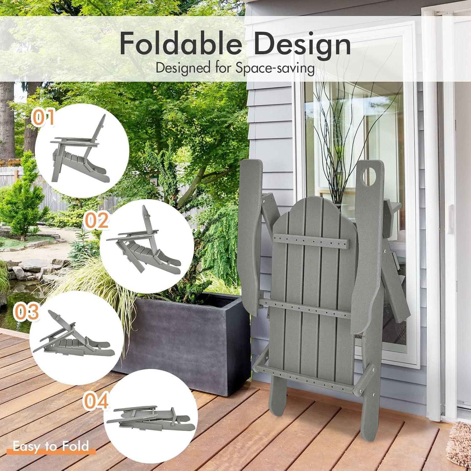 image:imageGiantex Folding Adirondack Chair Set HDPE Weather Resistant Fire Pit Chair Set with 18Inch Outdoor Side Table Cup Holder Lounge Set for Outside Deck Backyard Porch Poolside WhiteGrey