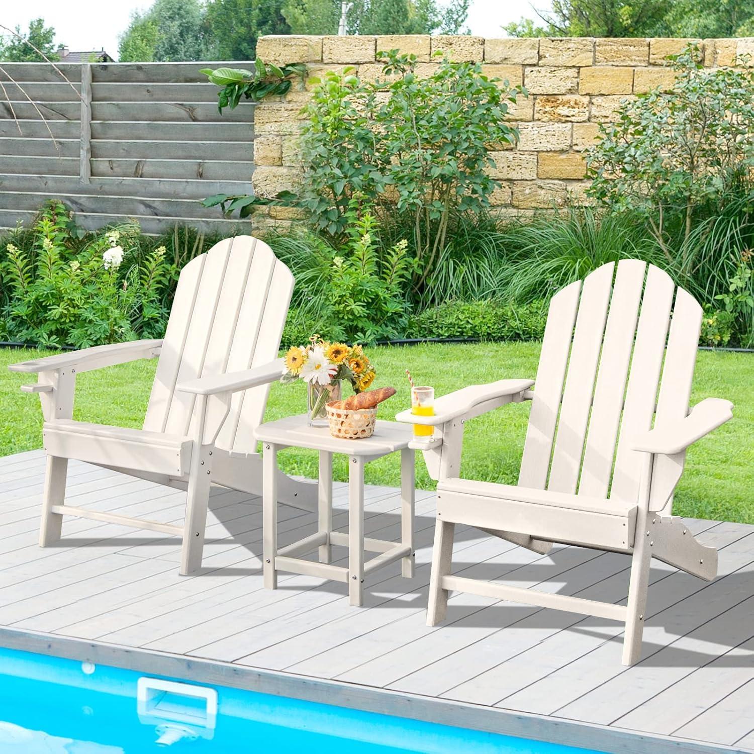 image:imageGiantex Folding Adirondack Chair Set HDPE Weather Resistant Fire Pit Chair Set with 18Inch Outdoor Side Table Cup Holder Lounge Set for Outside Deck Backyard Porch Poolside WhiteWhite