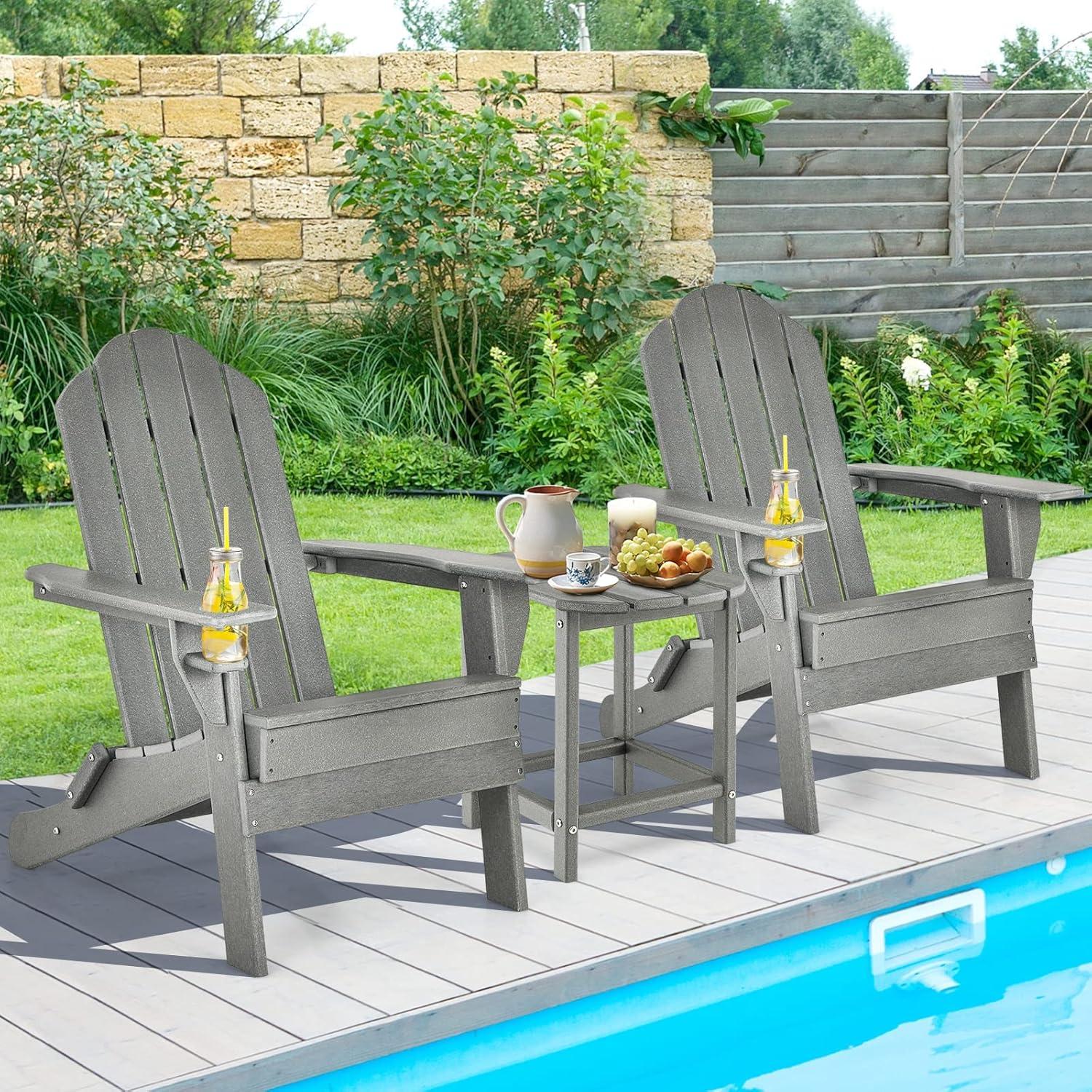 image:imageGiantex Folding Adirondack Chair Set HDPE Weather Resistant Fire Pit Chair Set with 18Inch Outdoor Side Table Cup Holder Lounge Set for Outside Deck Backyard Porch Poolside WhiteGrey