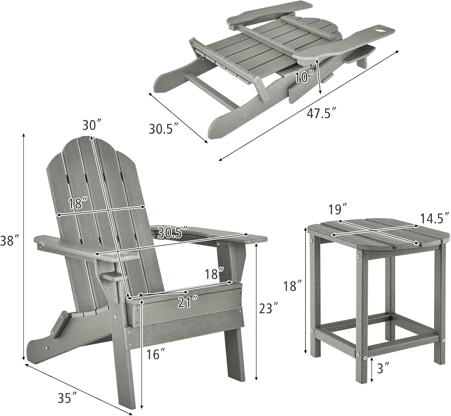 image:imageGiantex Folding Adirondack Chair Set HDPE Weather Resistant Fire Pit Chair Set with 18Inch Outdoor Side Table Cup Holder Lounge Set for Outside Deck Backyard Porch Poolside WhiteGrey
