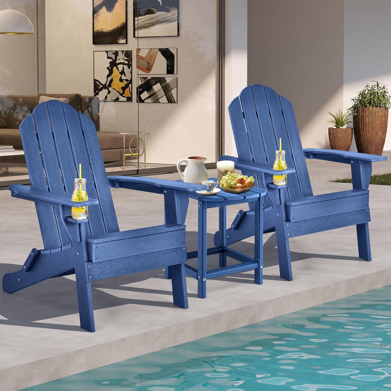 image:imageGiantex Folding Adirondack Chair Set HDPE Weather Resistant Fire Pit Chair Set with 18Inch Outdoor Side Table Cup Holder Lounge Set for Outside Deck Backyard Porch Poolside WhiteNavy