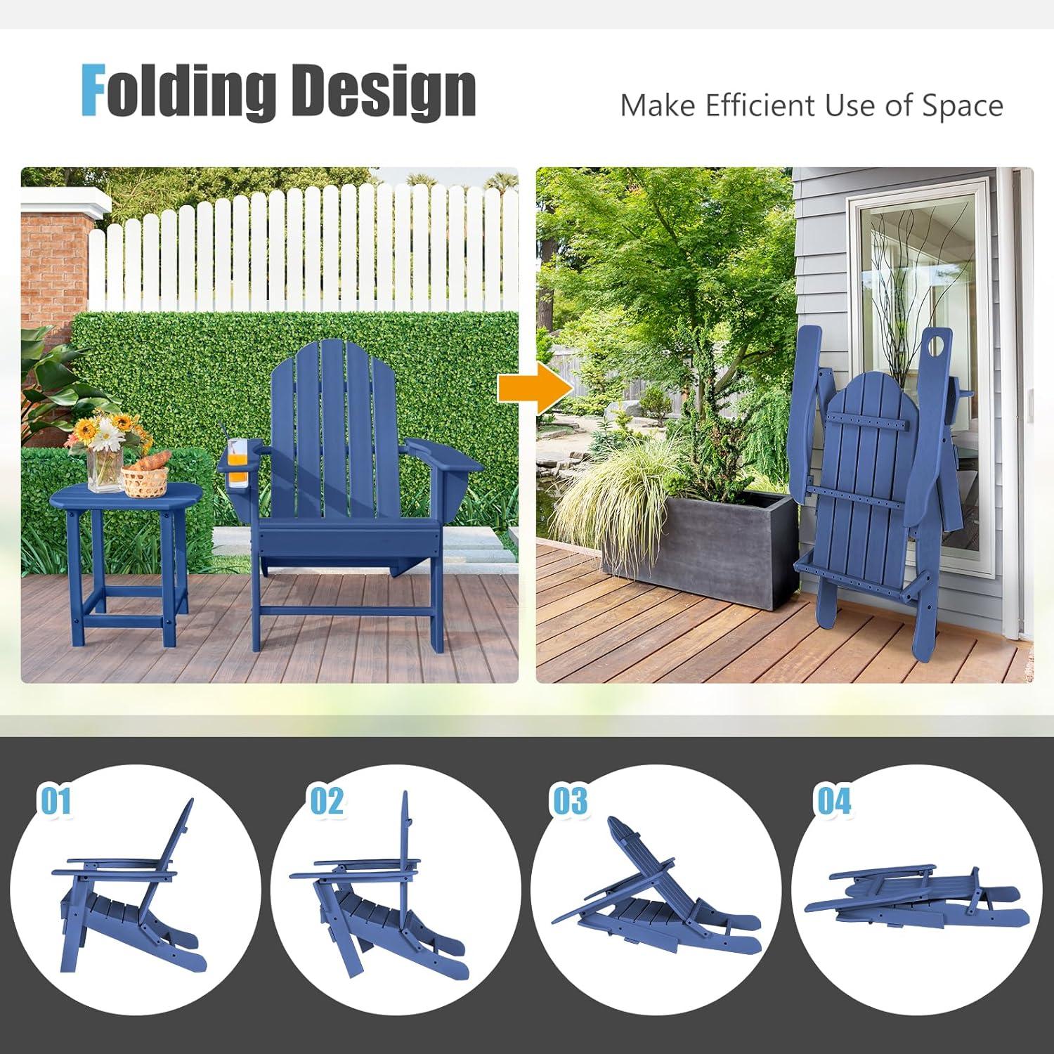 image:imageGiantex Folding Adirondack Chair Set HDPE Weather Resistant Fire Pit Chair Set with 18Inch Outdoor Side Table Cup Holder Lounge Set for Outside Deck Backyard Porch Poolside WhiteNavy