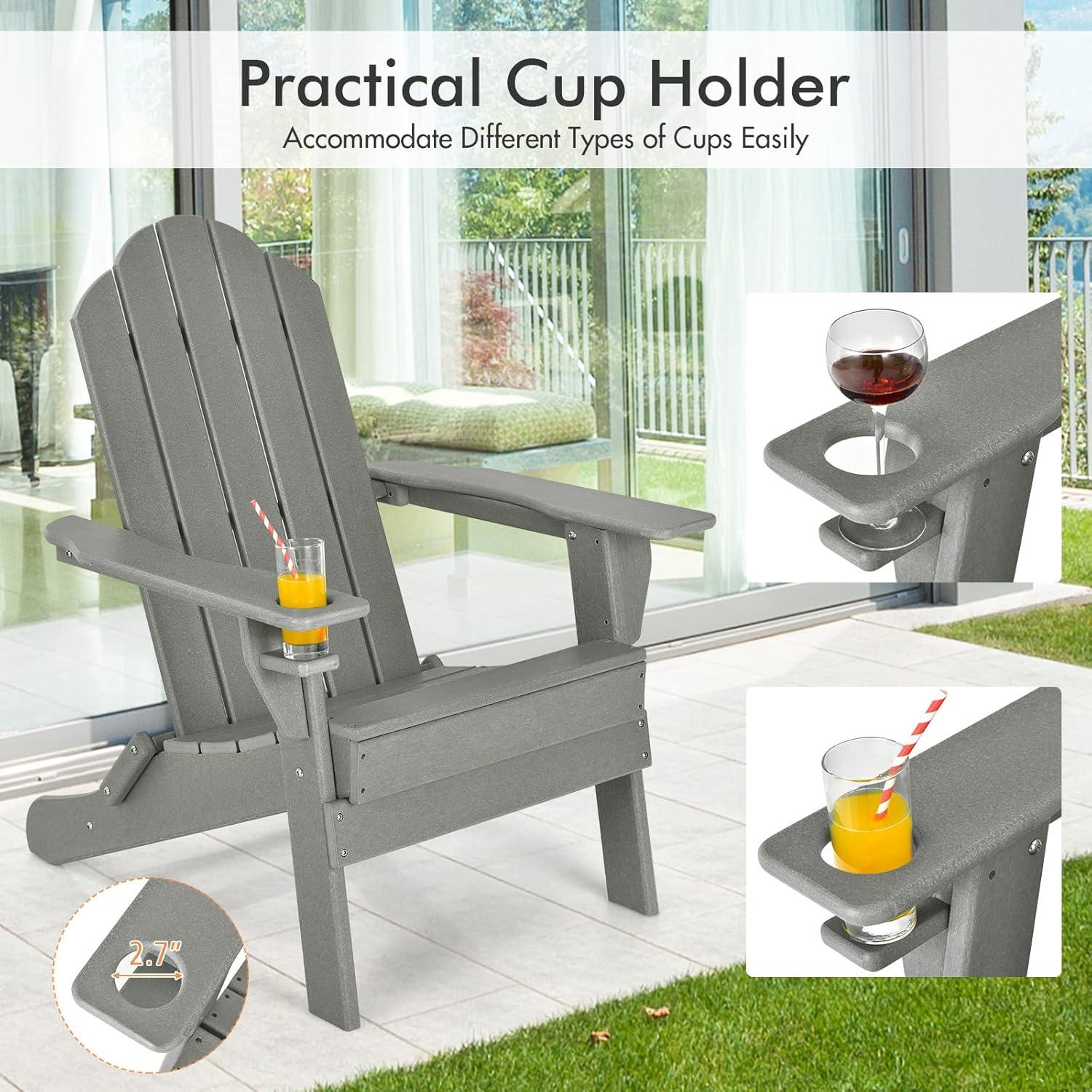 image:imageGiantex Folding Adirondack Chair Set HDPE Weather Resistant Fire Pit Chair Set with 18Inch Outdoor Side Table Cup Holder Lounge Set for Outside Deck Backyard Porch Poolside WhiteGrey