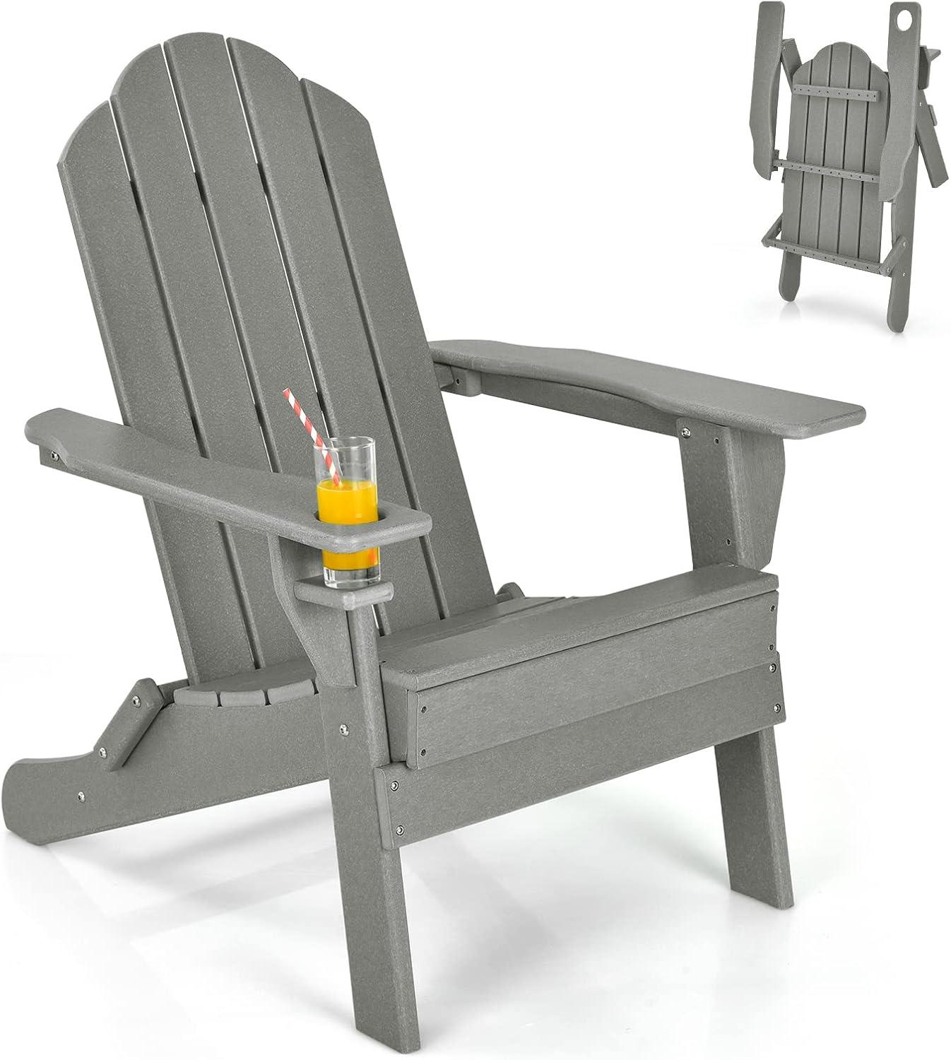 image:imageGiantex Folding Adirondack Chair Set HDPE Weather Resistant Fire Pit Chair Set with 18Inch Outdoor Side Table Cup Holder Lounge Set for Outside Deck Backyard Porch Poolside WhiteGrey