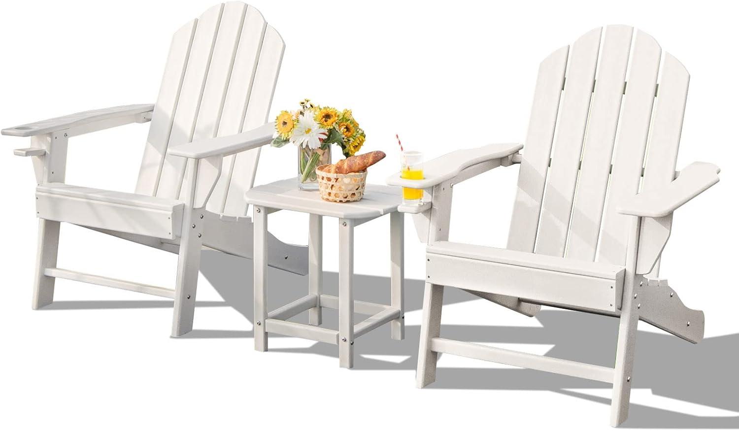 image:imageGiantex Folding Adirondack Chair Set HDPE Weather Resistant Fire Pit Chair Set with 18Inch Outdoor Side Table Cup Holder Lounge Set for Outside Deck Backyard Porch Poolside WhiteWhite