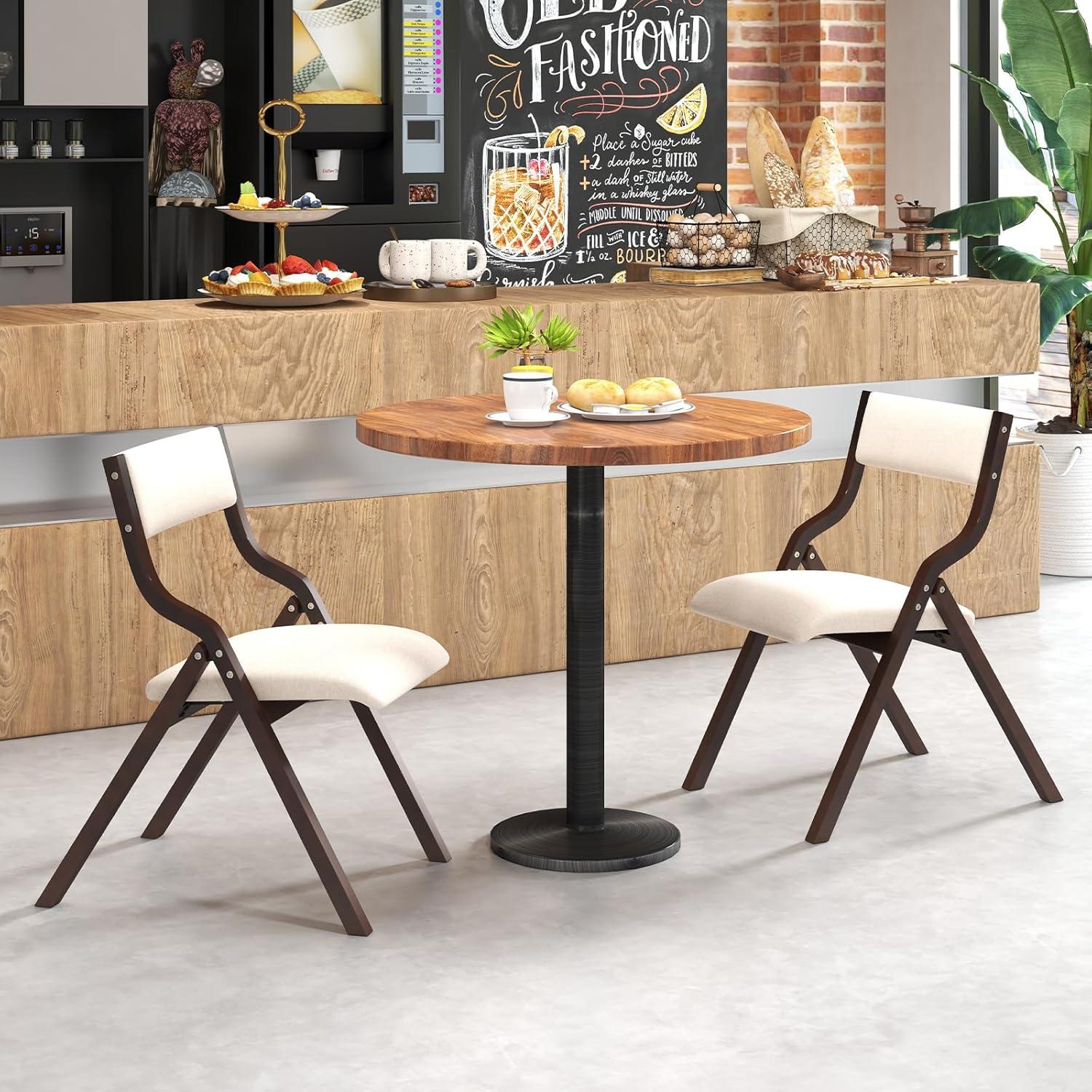 image:imageGiantex Folding Dining Chairs Set of 2 No Assembly Required with Linen Padded Seats Wooden Foldable Kitchen amp Party Chairs Easy to Store for Extra EventsCoffeebeige