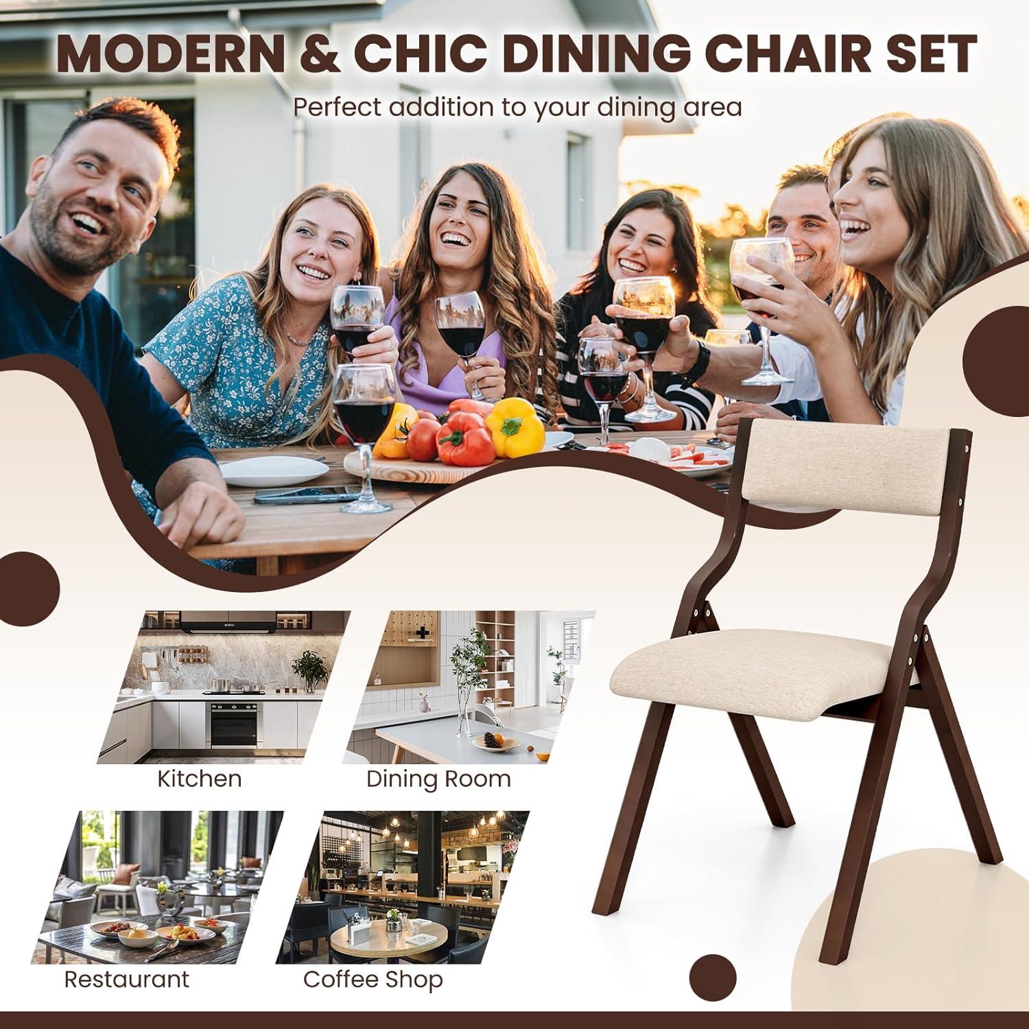 image:imageGiantex Folding Dining Chairs Set of 2 No Assembly Required with Linen Padded Seats Wooden Foldable Kitchen amp Party Chairs Easy to Store for Extra EventsCoffeebeige