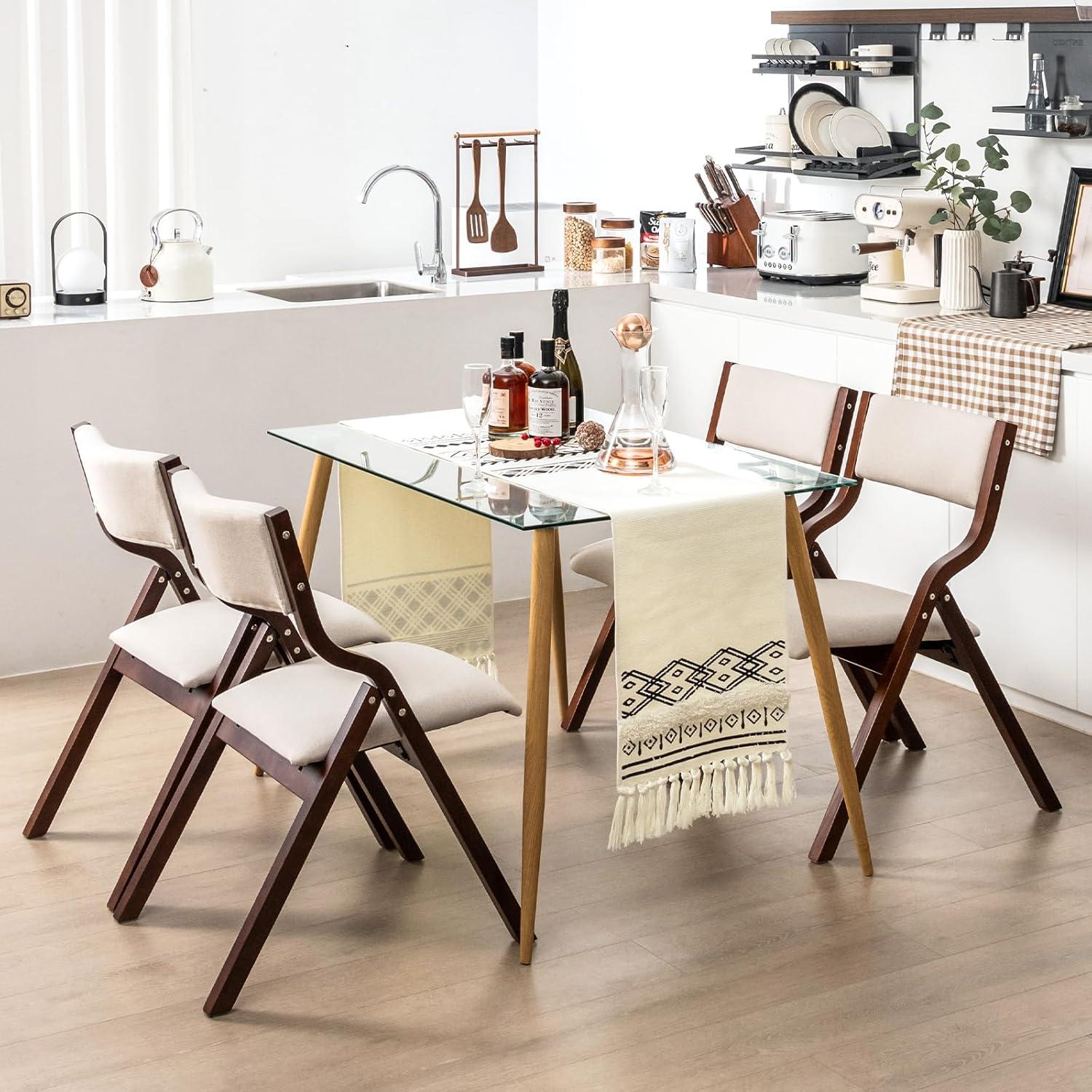 image:imageGiantex Folding Dining Chairs Set of 2 No Assembly Required with Linen Padded Seats Wooden Foldable Kitchen amp Party Chairs Easy to Store for Extra EventsCoffeebeige