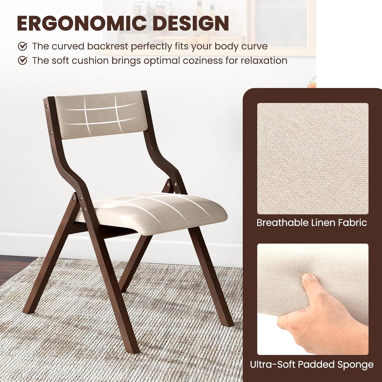 image:imageGiantex Folding Dining Chairs Set of 2 No Assembly Required with Linen Padded Seats Wooden Foldable Kitchen amp Party Chairs Easy to Store for Extra EventsCoffeebeige